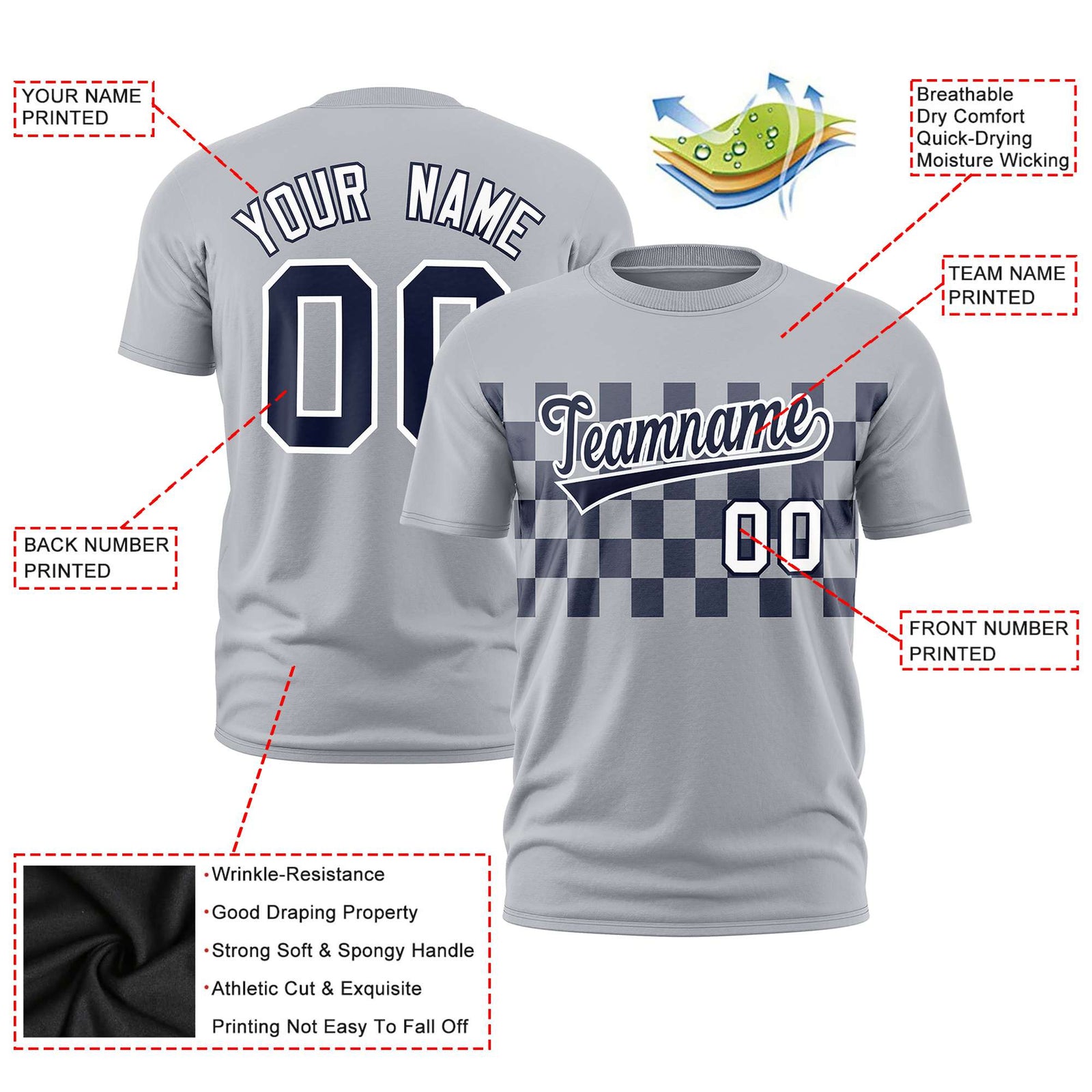 Custom Gray Navy Crew neck Plaid Pattern Personalized Performance T-Shirt