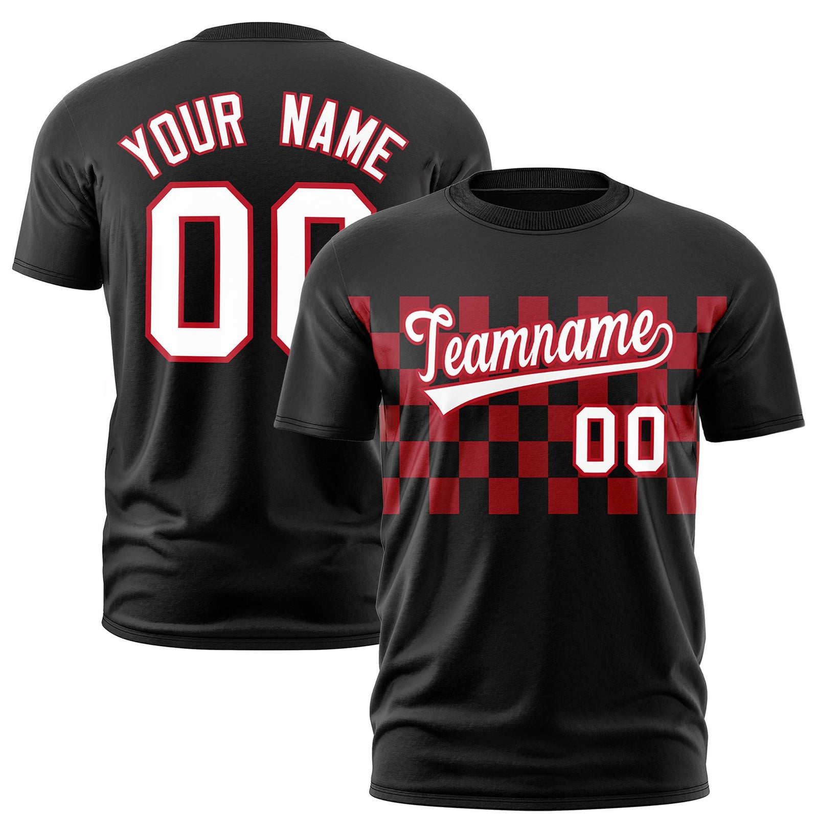 Custom Black Red Crew neck Plaid Pattern Personalized Performance T-Shirt