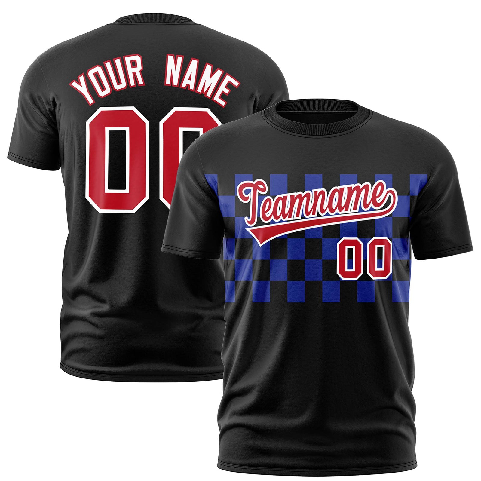 Custom Black Royal Blue Crew neck Plaid Pattern Personalized Performance T-Shirt