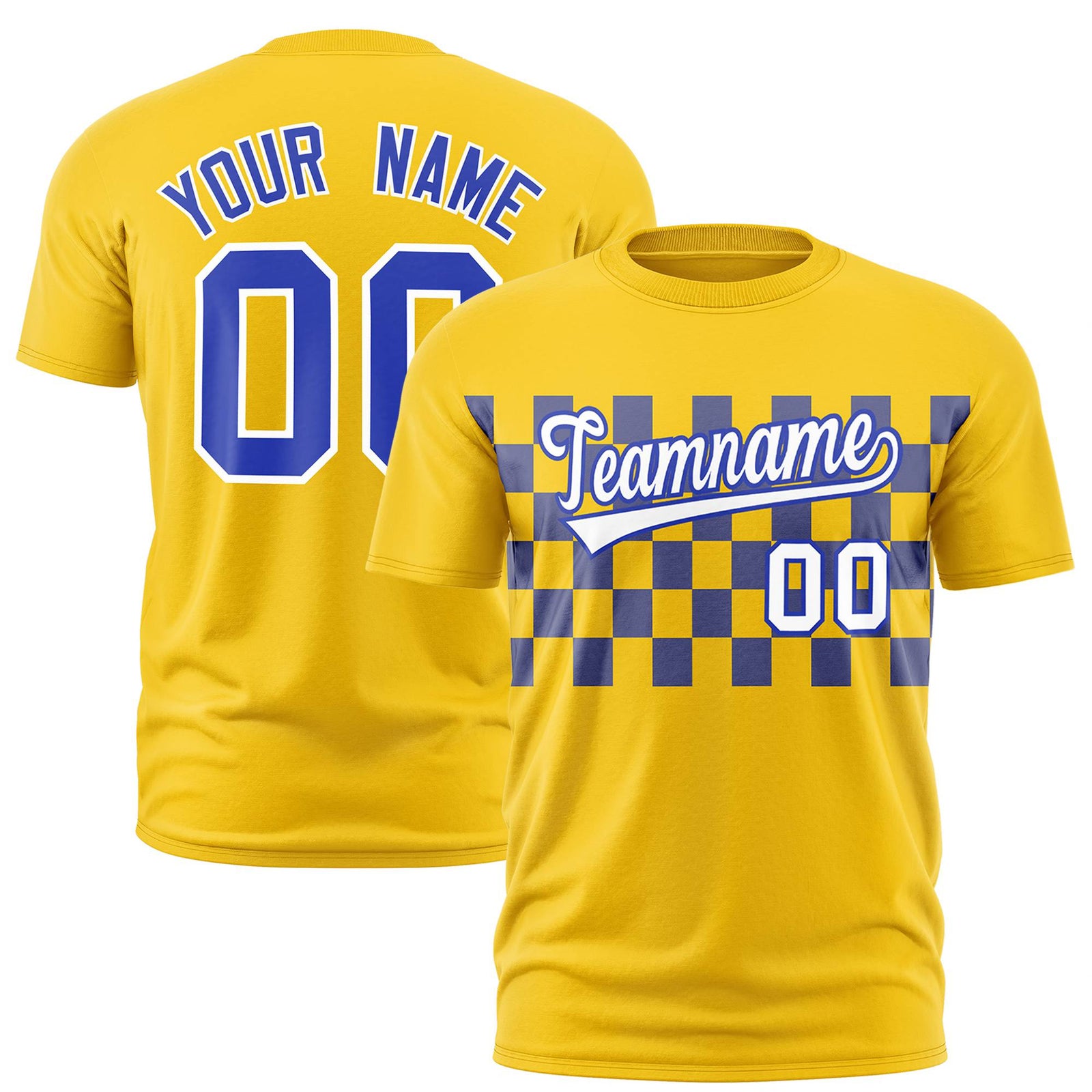 Custom Gold-01 Royal Blue Crew neck Plaid Pattern Personalized Performance T-Shirt