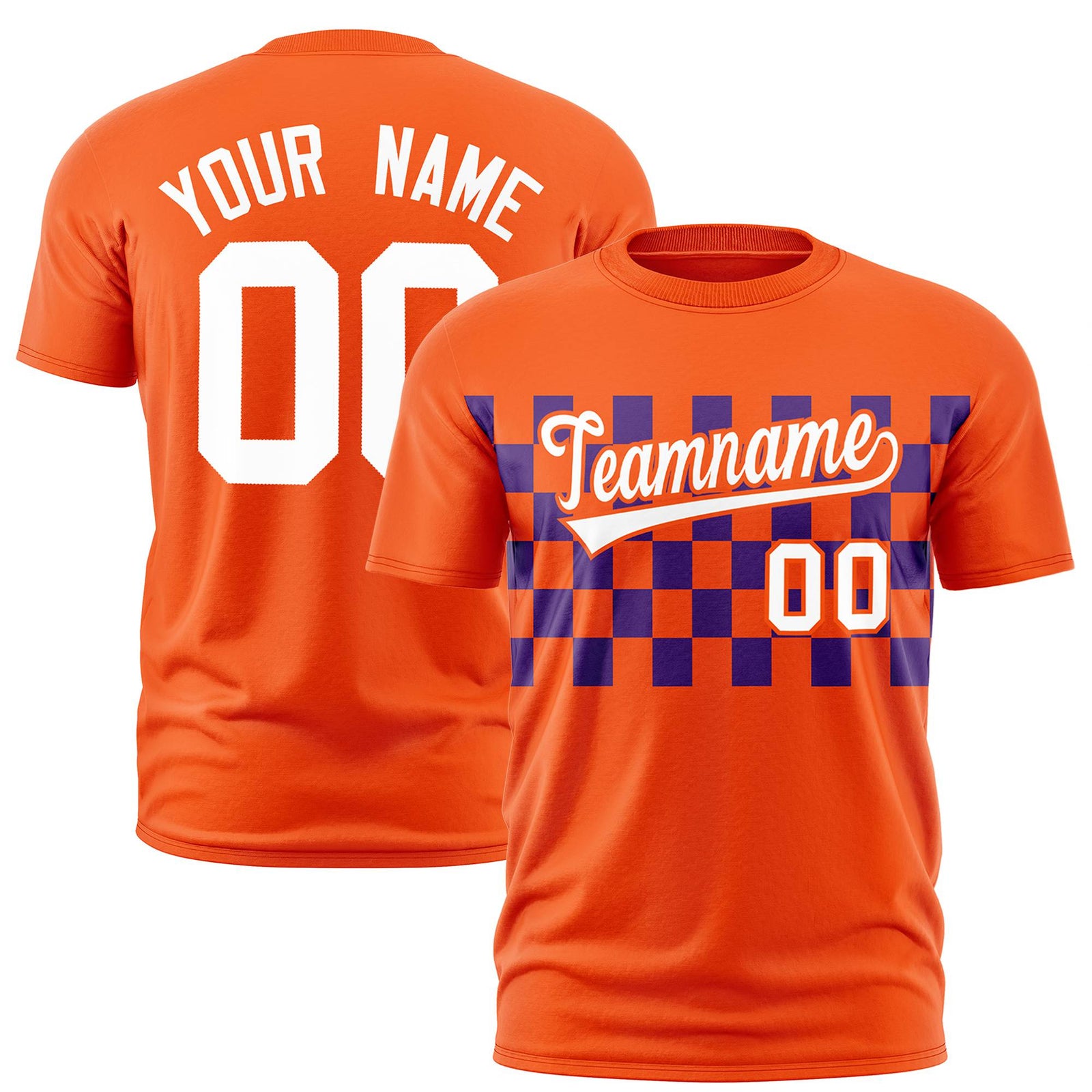 Custom Orange Purple Crew neck Plaid Pattern Personalized Performance T-Shirt
