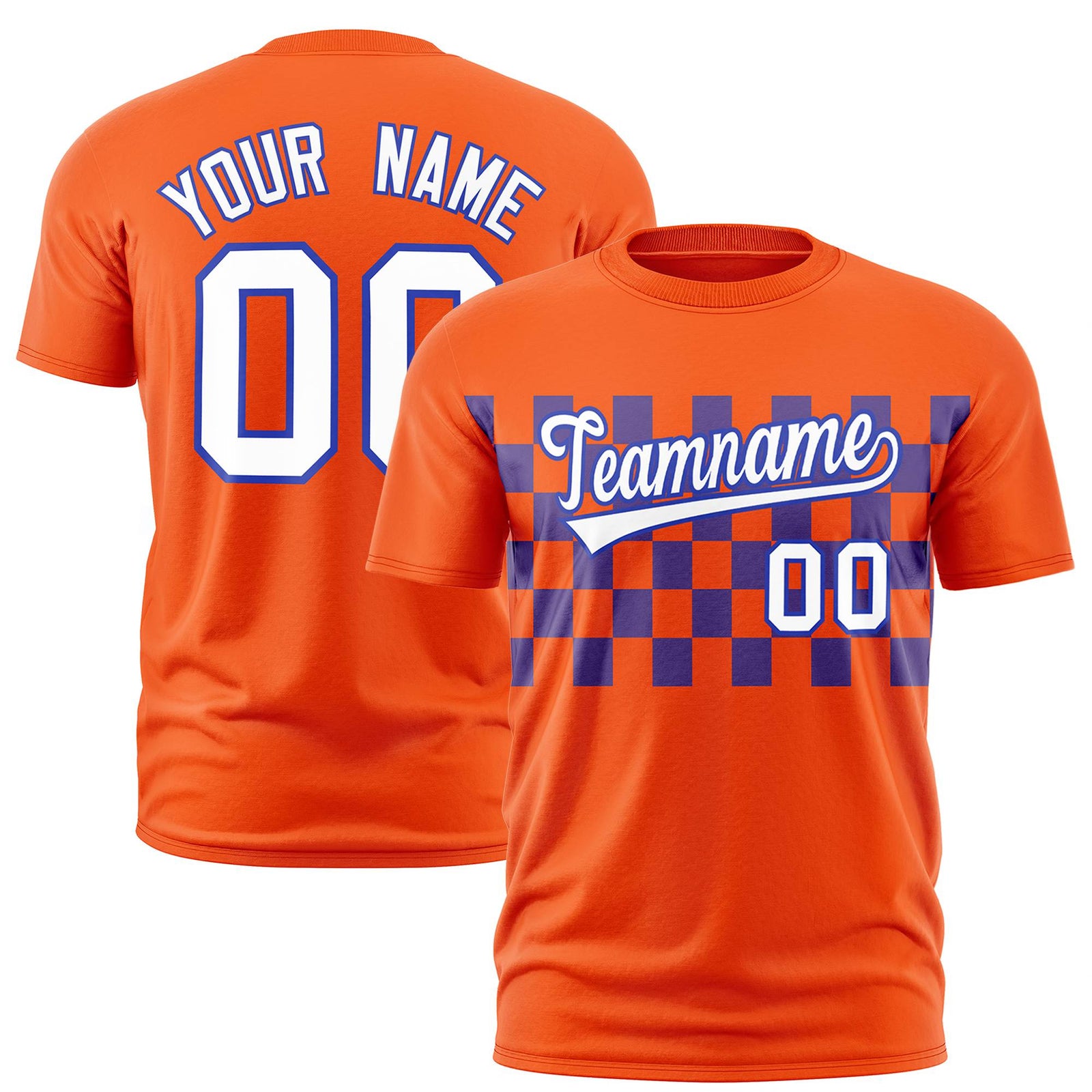 Custom Orange Purple Crew neck Plaid Pattern Personalized Performance T-Shirt