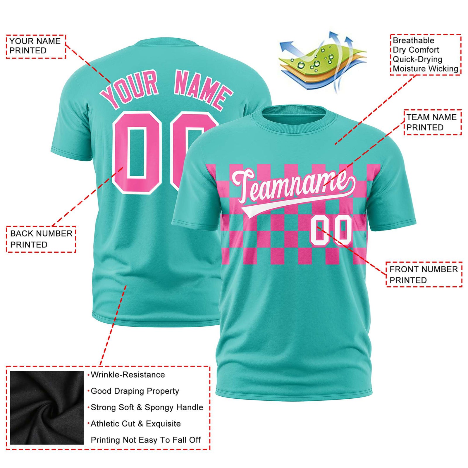 Custom Teal Pink Crew neck Plaid Pattern Personalized Performance T-Shirt