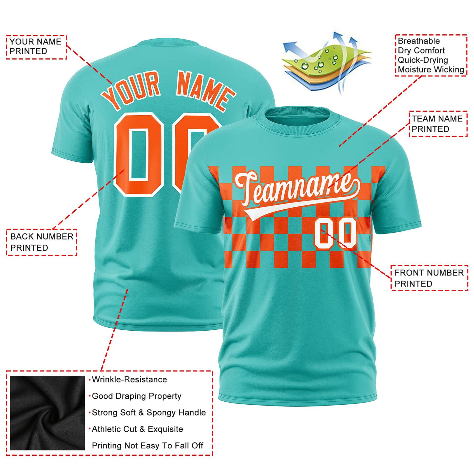 Custom Teal Orange Crew neck Plaid Pattern Personalized Performance T-Shirt