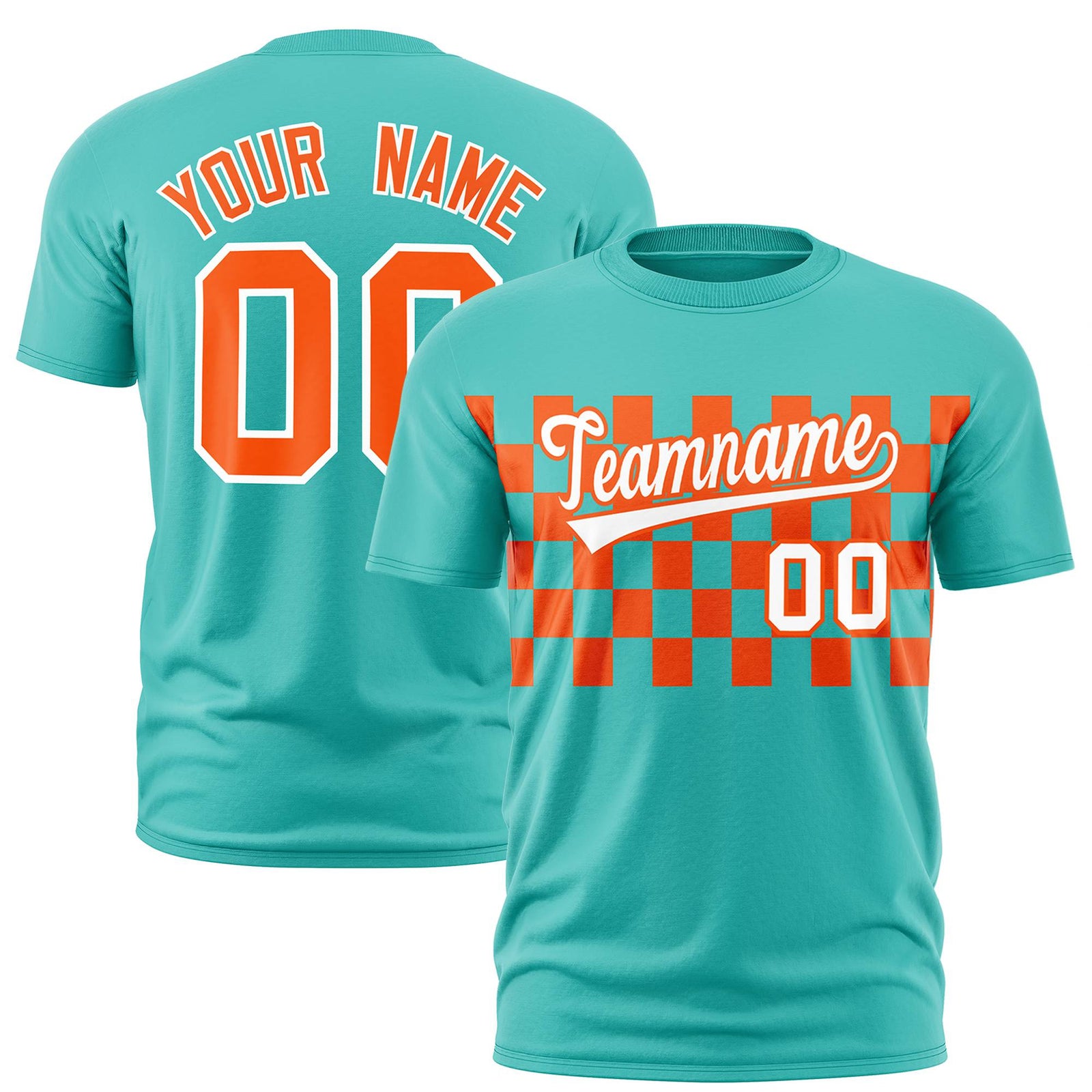 Custom Teal Orange Crew neck Plaid Pattern Personalized Performance T-Shirt