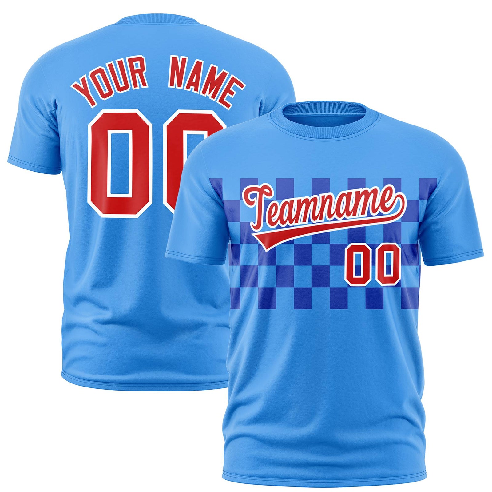 Custom Powder Blue Red Crew neck Plaid Pattern Personalized Performance T-Shirt