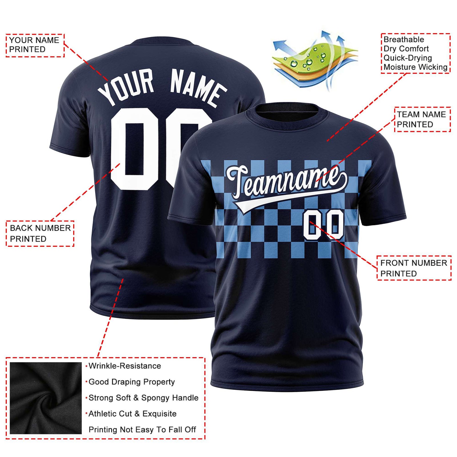 Custom Navy Powder Blue Crew neck Plaid Pattern Personalized Performance T-Shirt