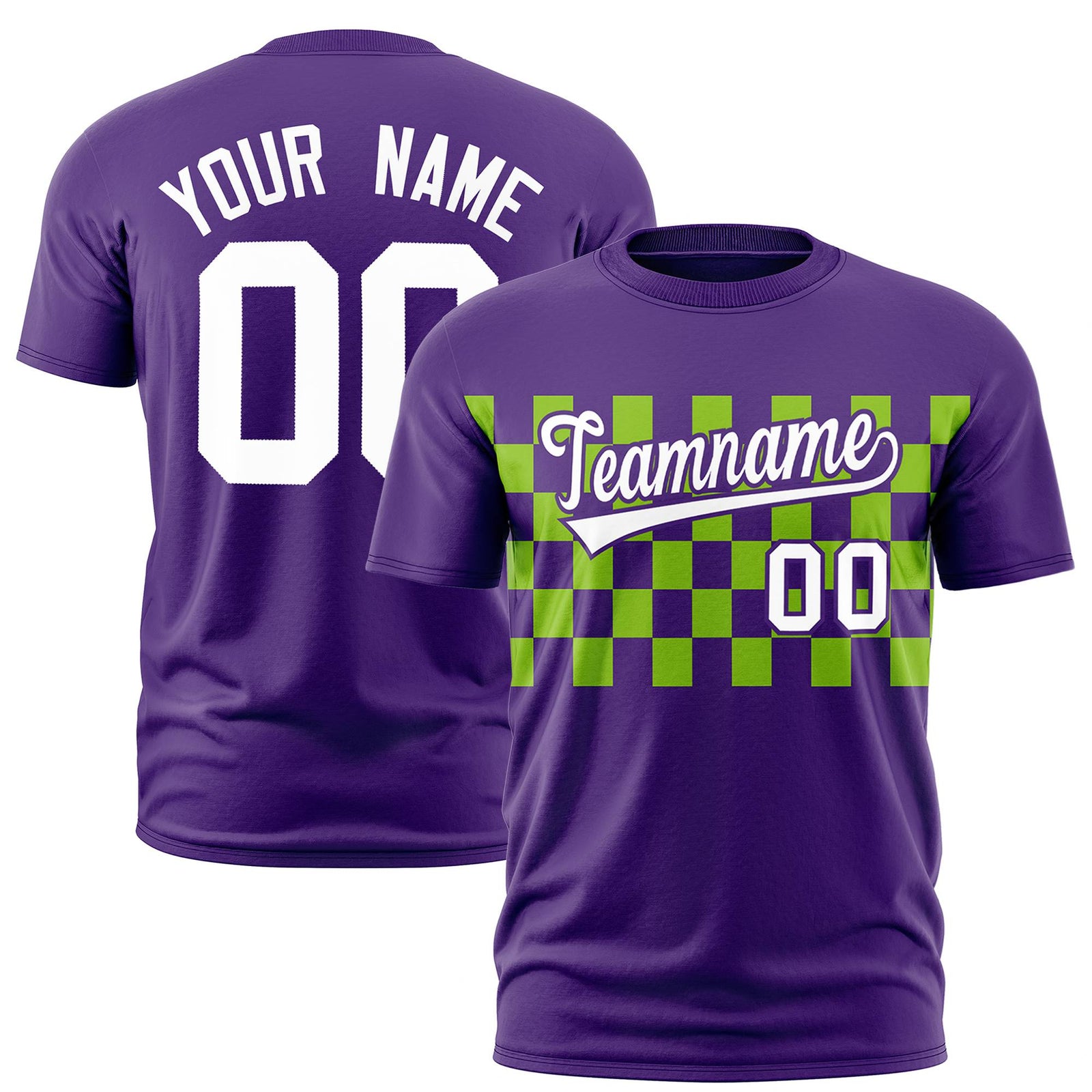 Custom Purple Neon Green Crew neck Plaid Pattern Personalized Performance T-Shirt