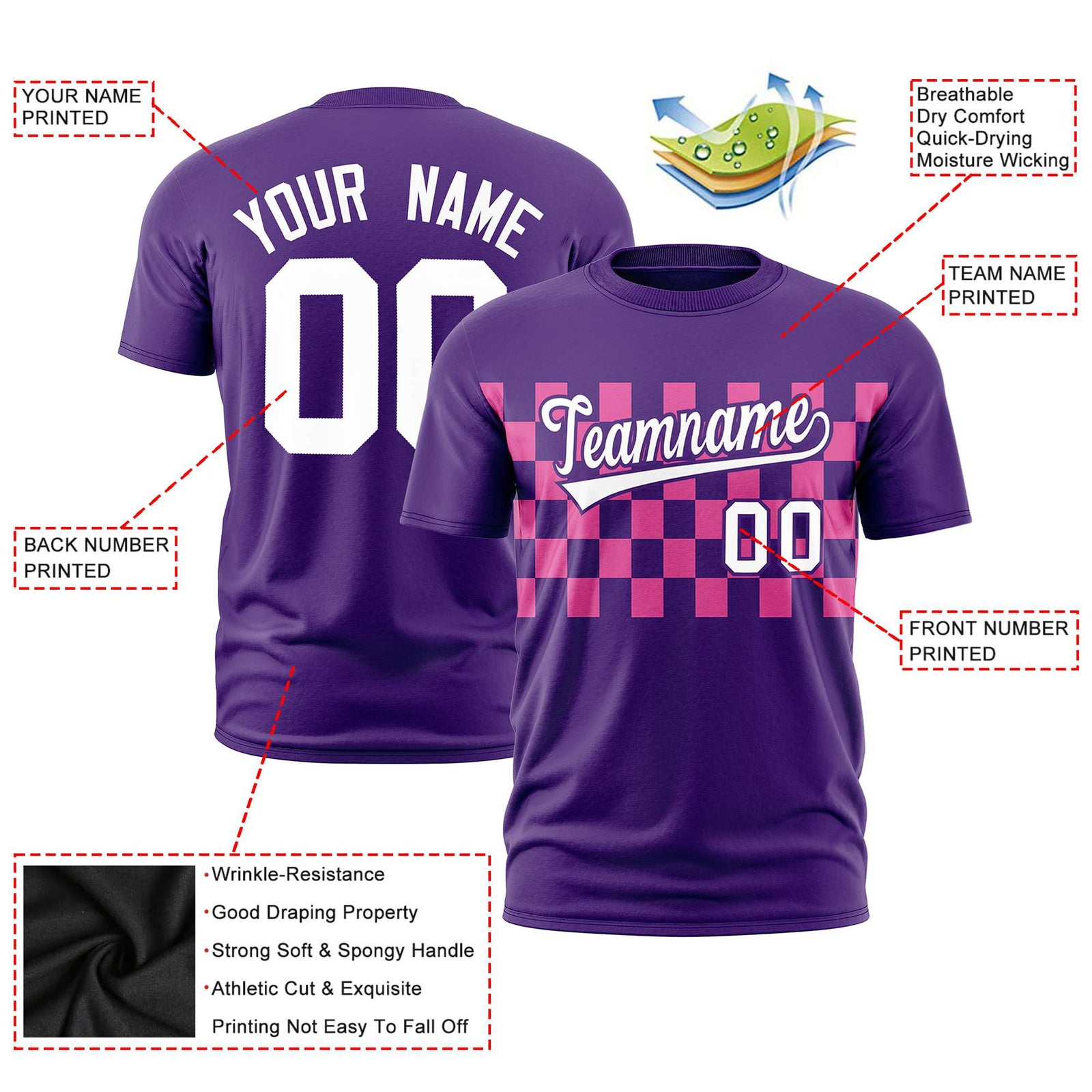 Custom Purple Pink Crew neck Plaid Pattern Personalized Performance T-Shirt