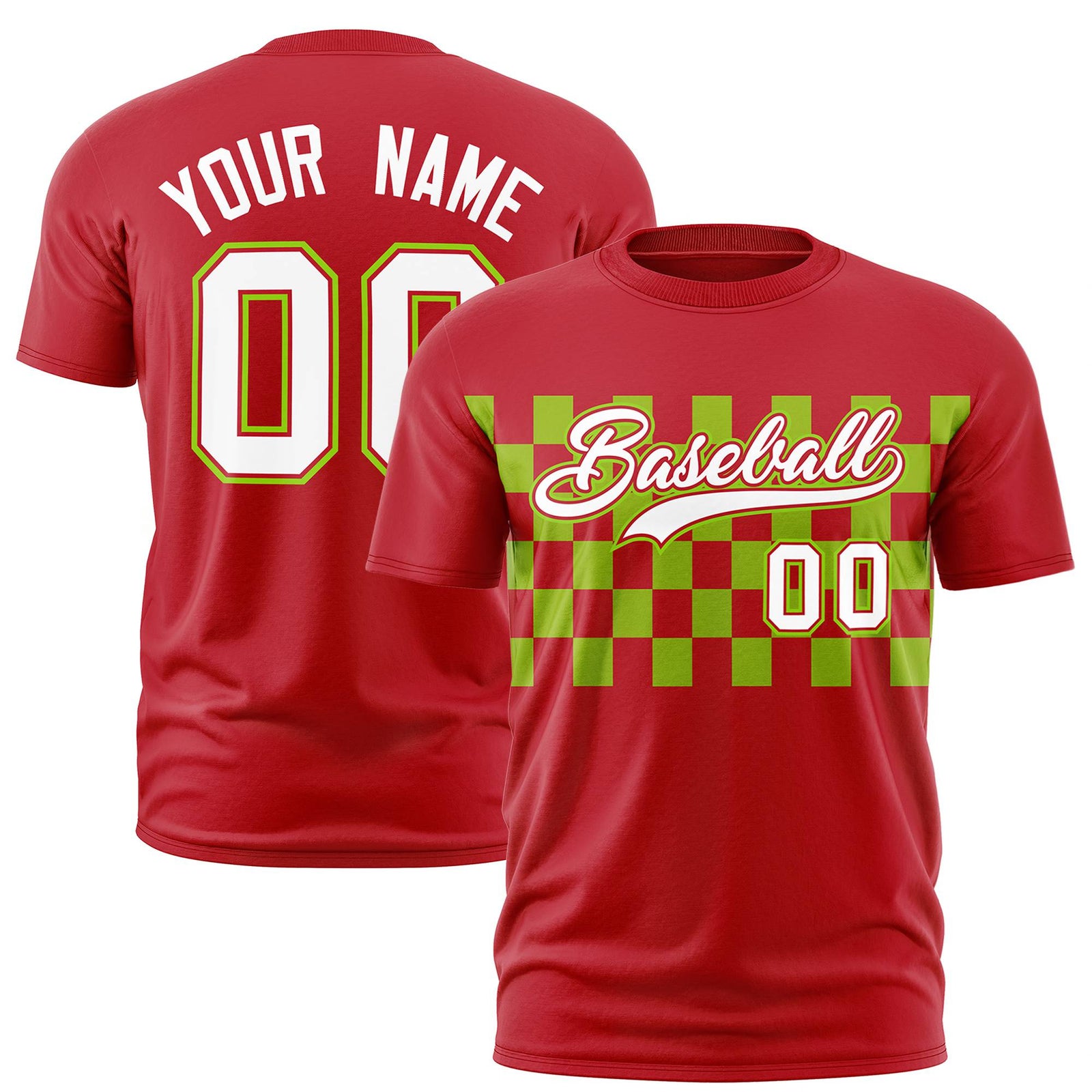 Custom Red Neon Green Crew neck Plaid Pattern Personalized Performance T-Shirt