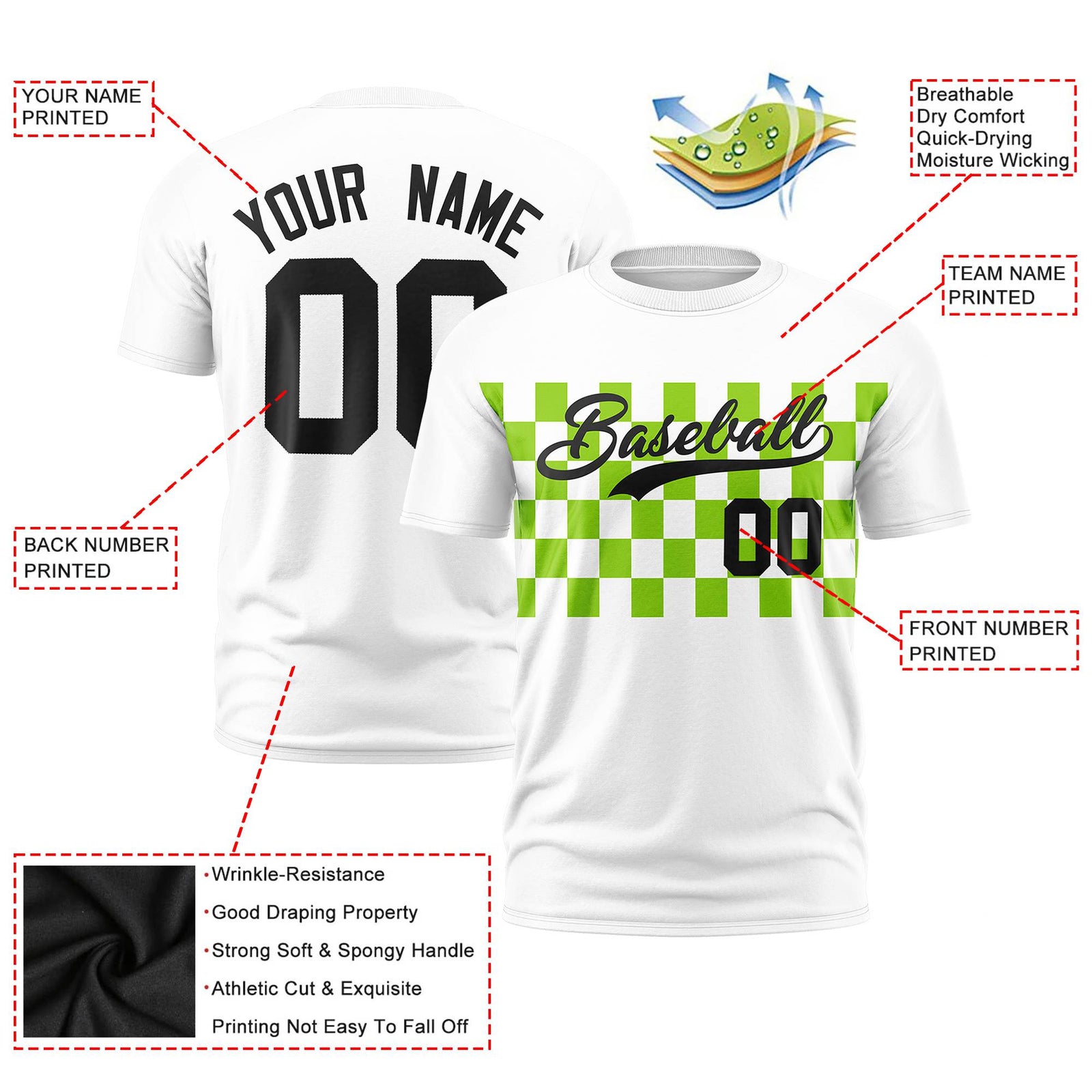 Custom White Neon Green Crew neck Plaid Pattern Personalized Performance T-Shirt
