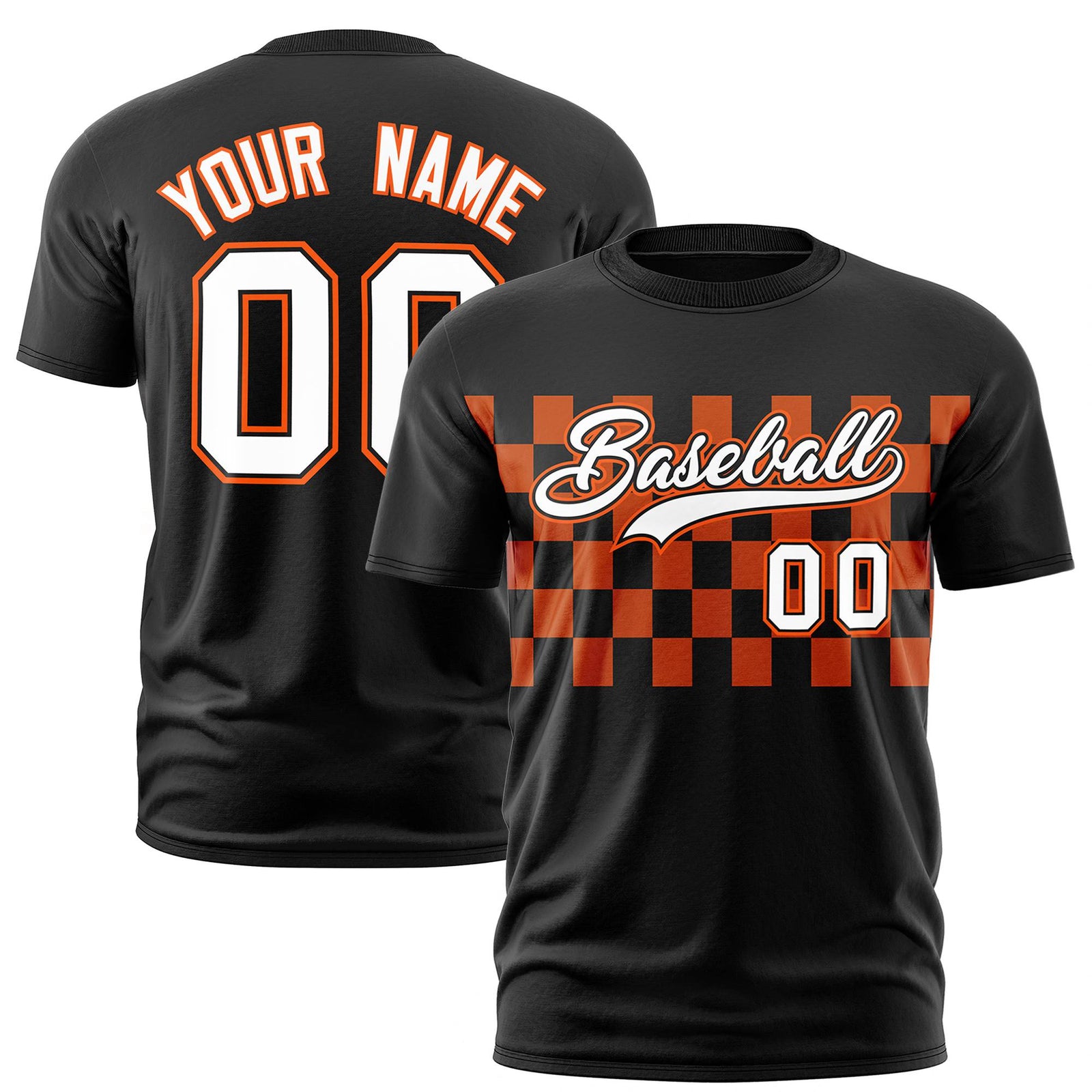Custom Black Orange Crew neck Plaid Pattern Personalized Performance T-Shirt