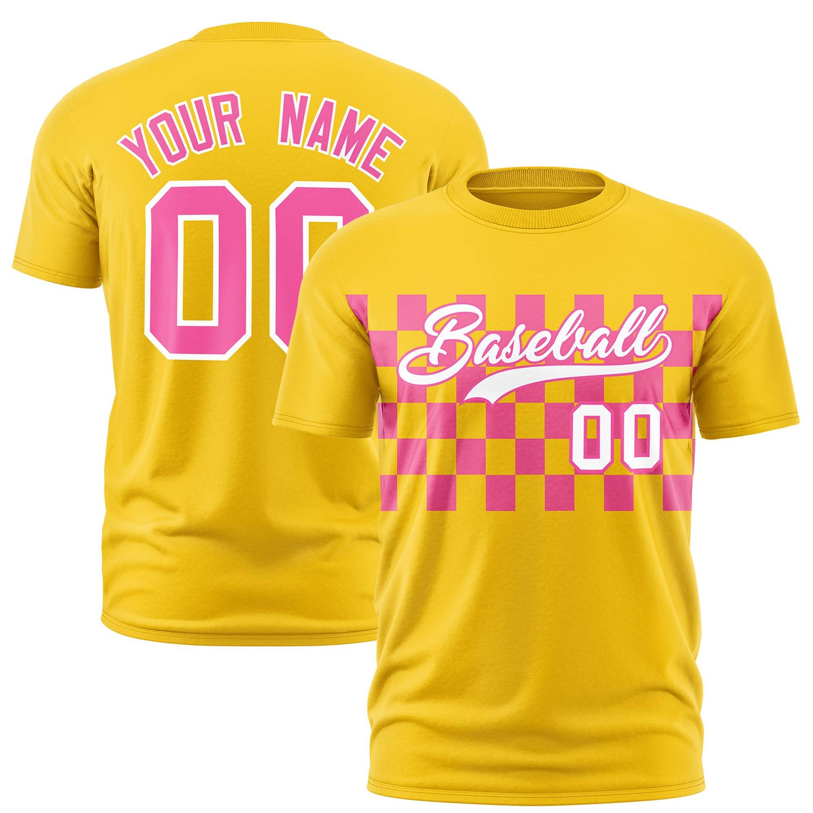 Custom Gold-01 Pink Crew neck Plaid Pattern Personalized Performance T-Shirt