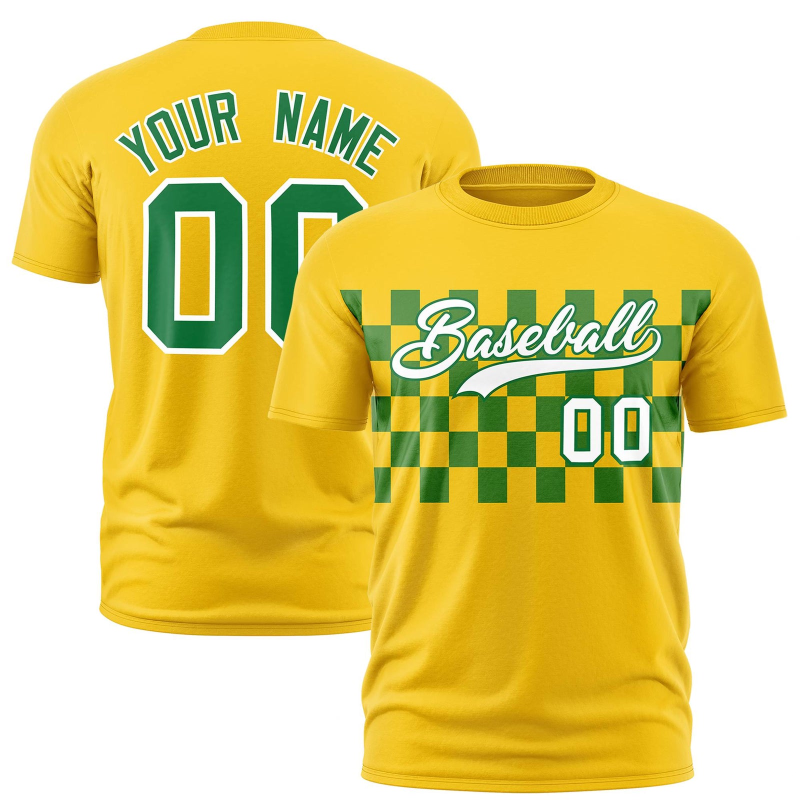 Custom Gold-01 Kelly Green Crew neck Plaid Pattern Personalized Performance T-Shirt