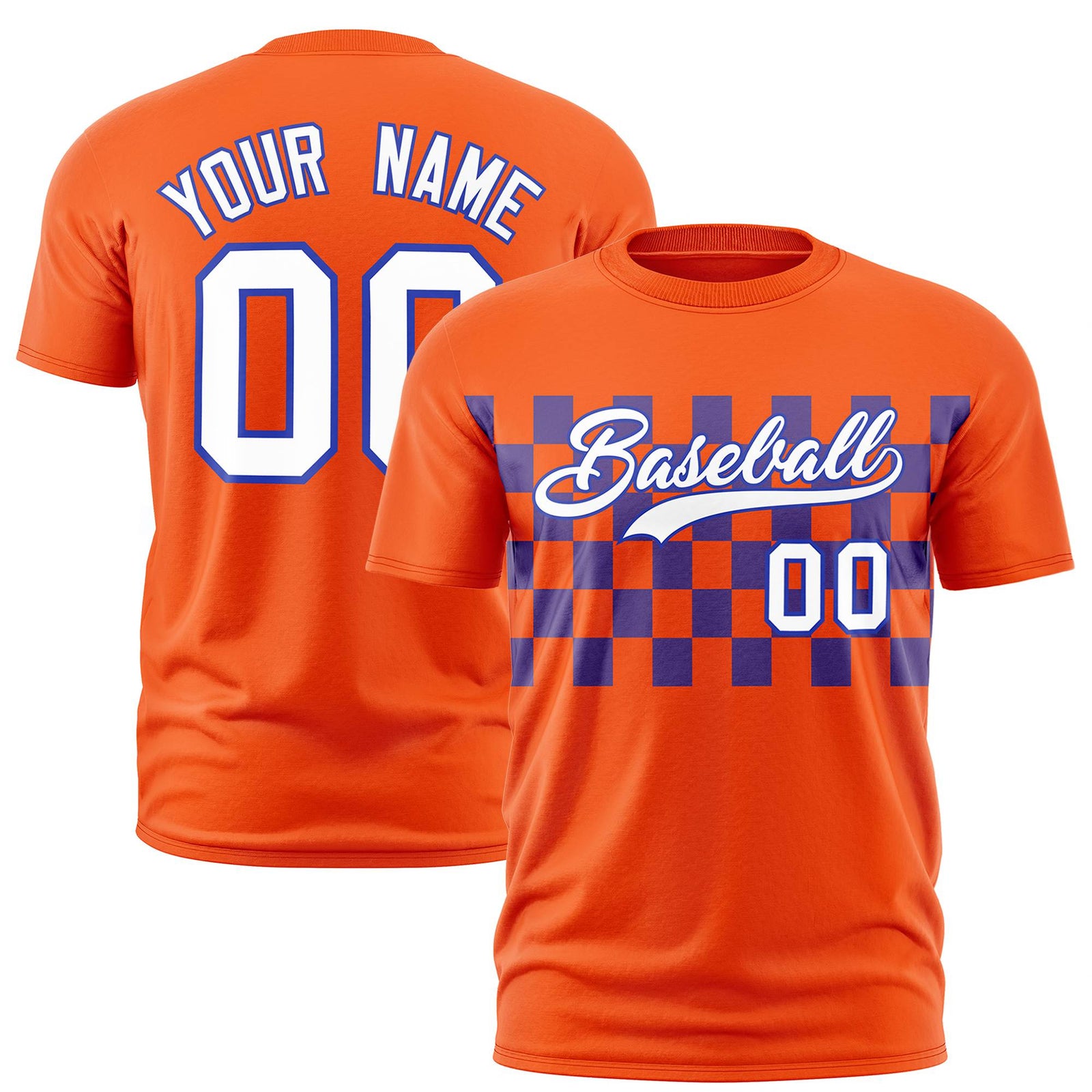 Custom Orange Purple Crew neck Plaid Pattern Personalized Performance T-Shirt