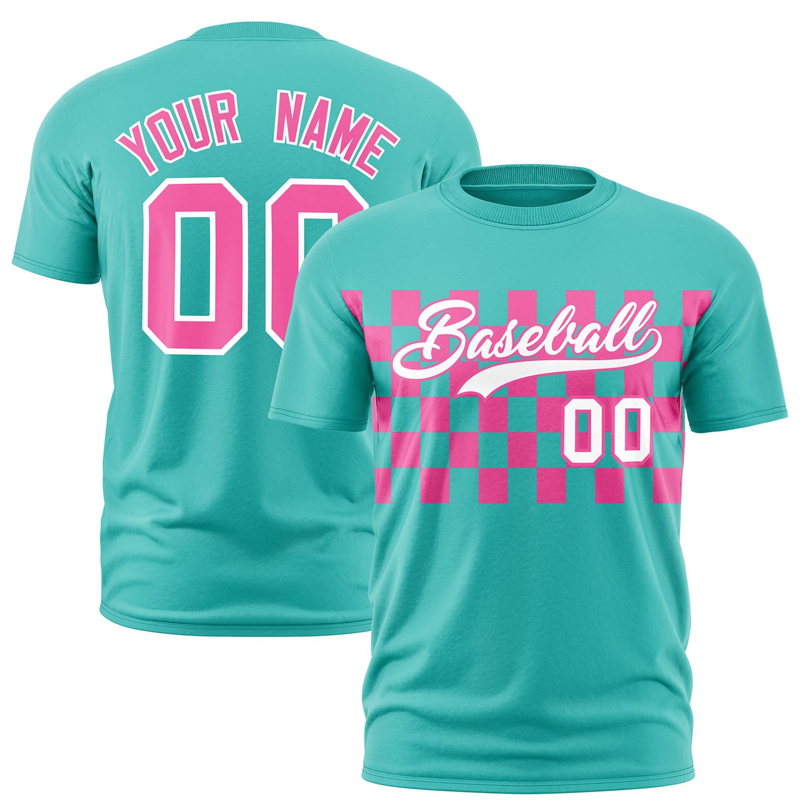 Custom Teal Pink Crew neck Plaid Pattern Personalized Performance T-Shirt