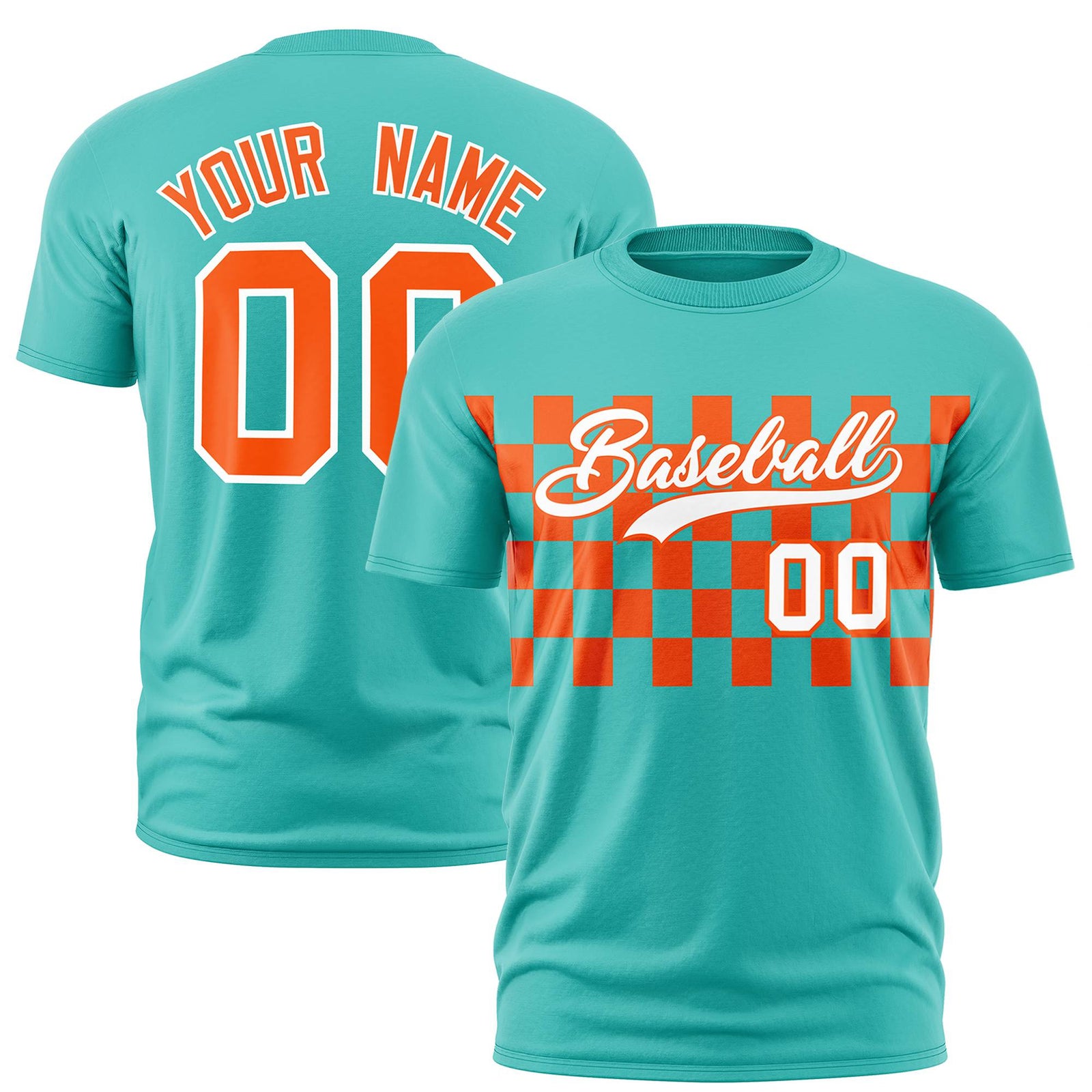 Custom Teal Orange Crew neck Plaid Pattern Personalized Performance T-Shirt