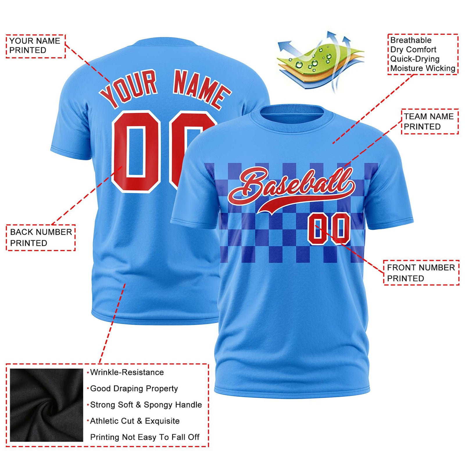 Custom Powder Blue Red Crew neck Plaid Pattern Personalized Performance T-Shirt