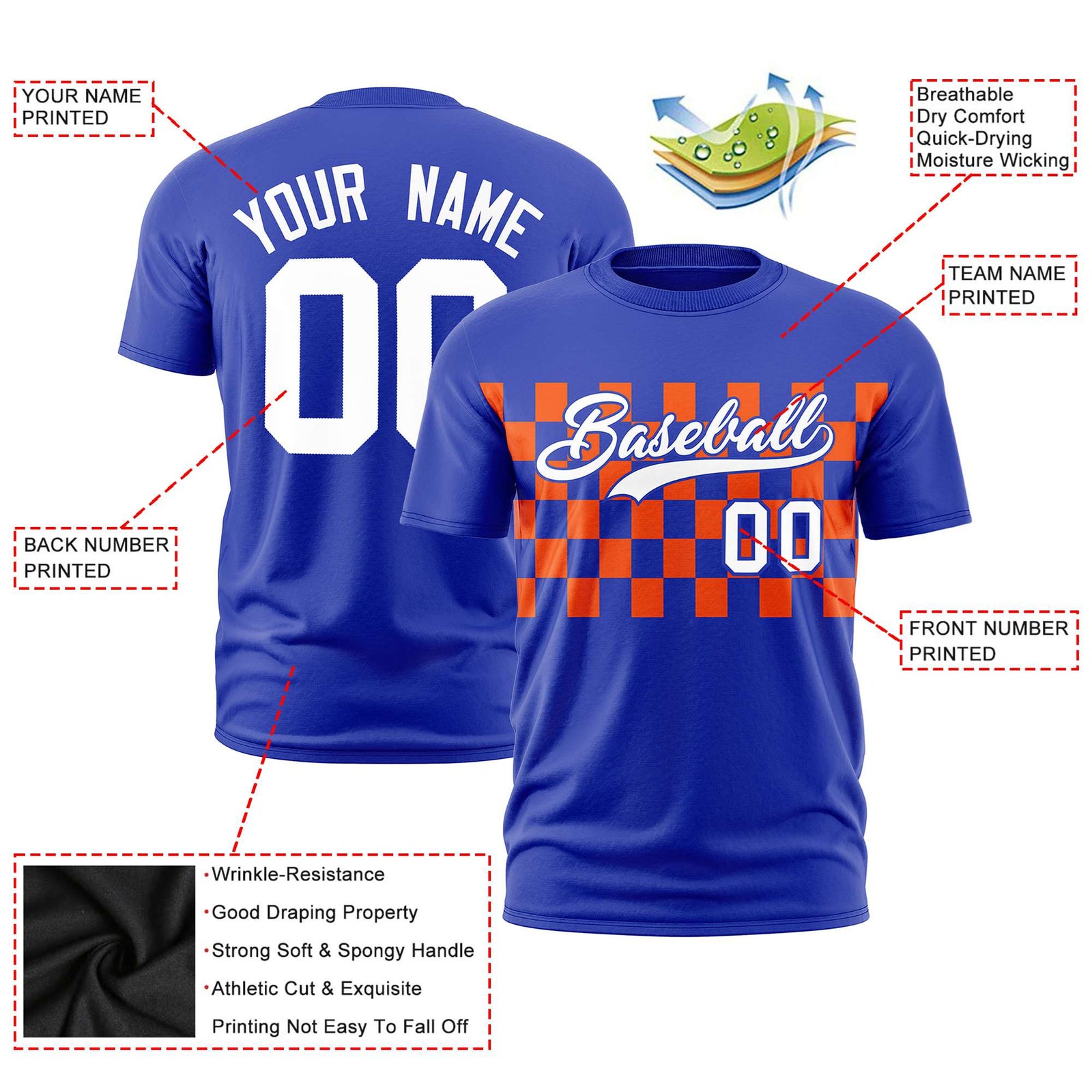 Custom Royal Blue Orange Crew neck Plaid Pattern Personalized Performance T-Shirt