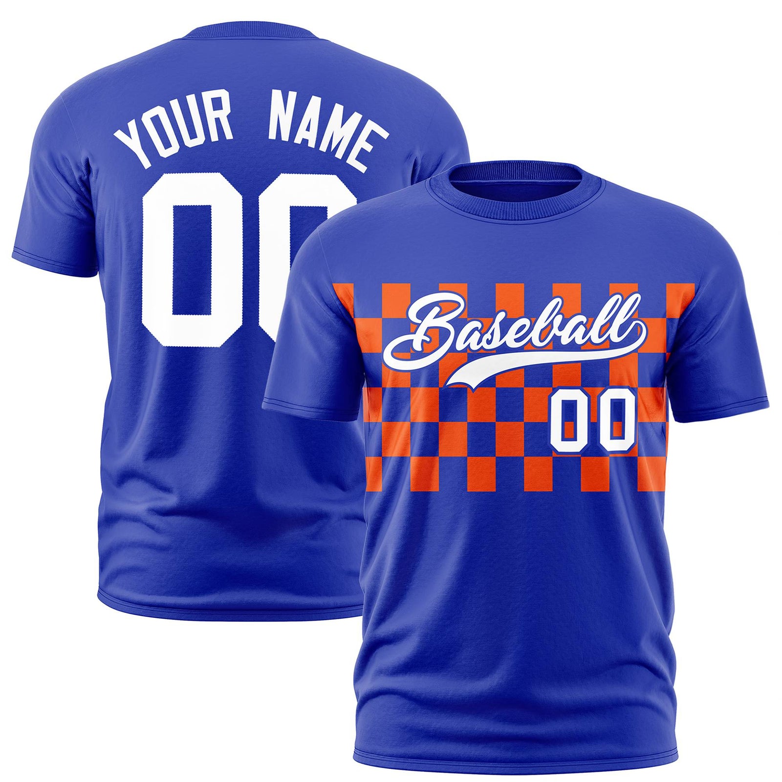 Custom Royal Blue Orange Crew neck Plaid Pattern Personalized Performance T-Shirt