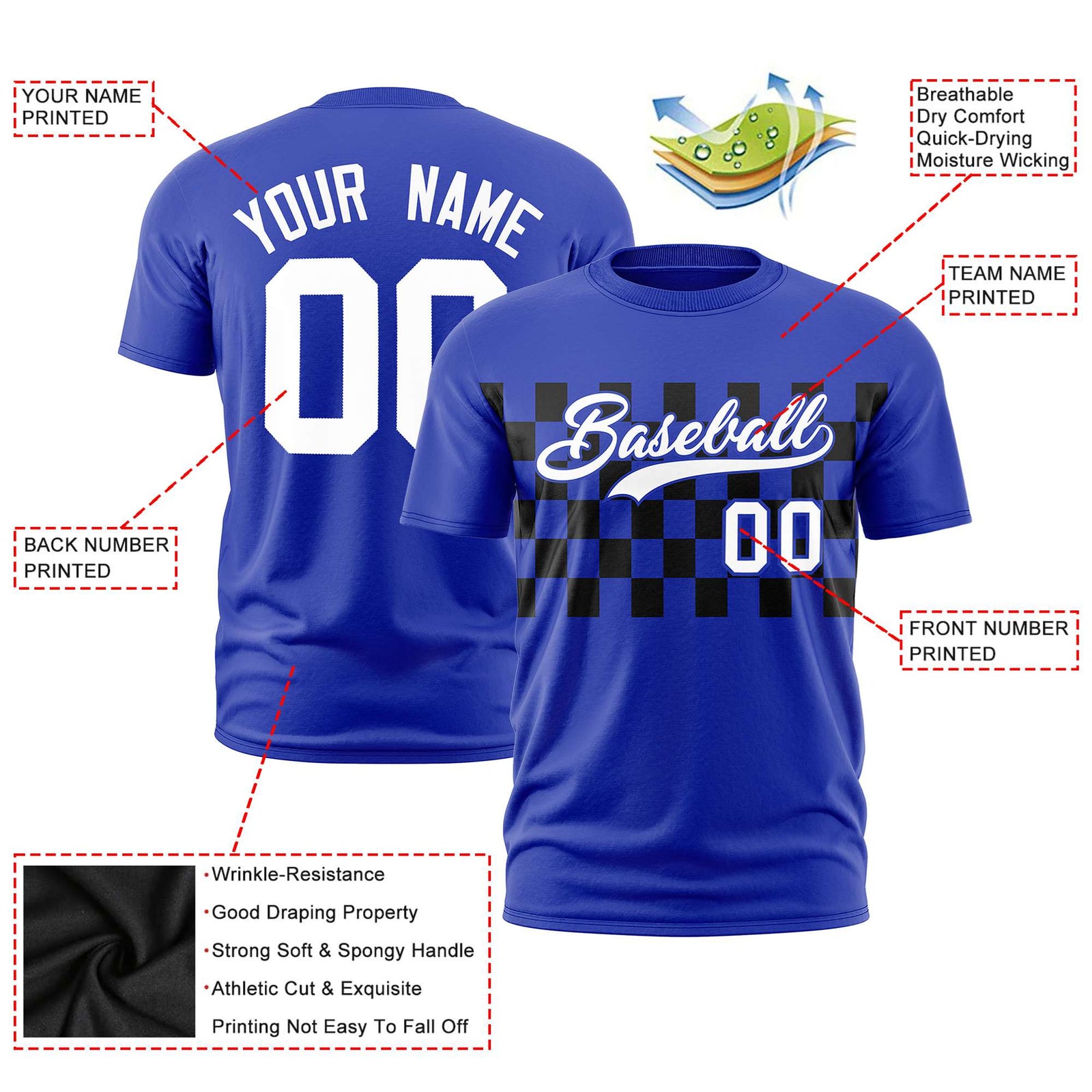 Custom Royal Blue Black Crew neck Plaid Pattern Personalized Performance T-Shirt