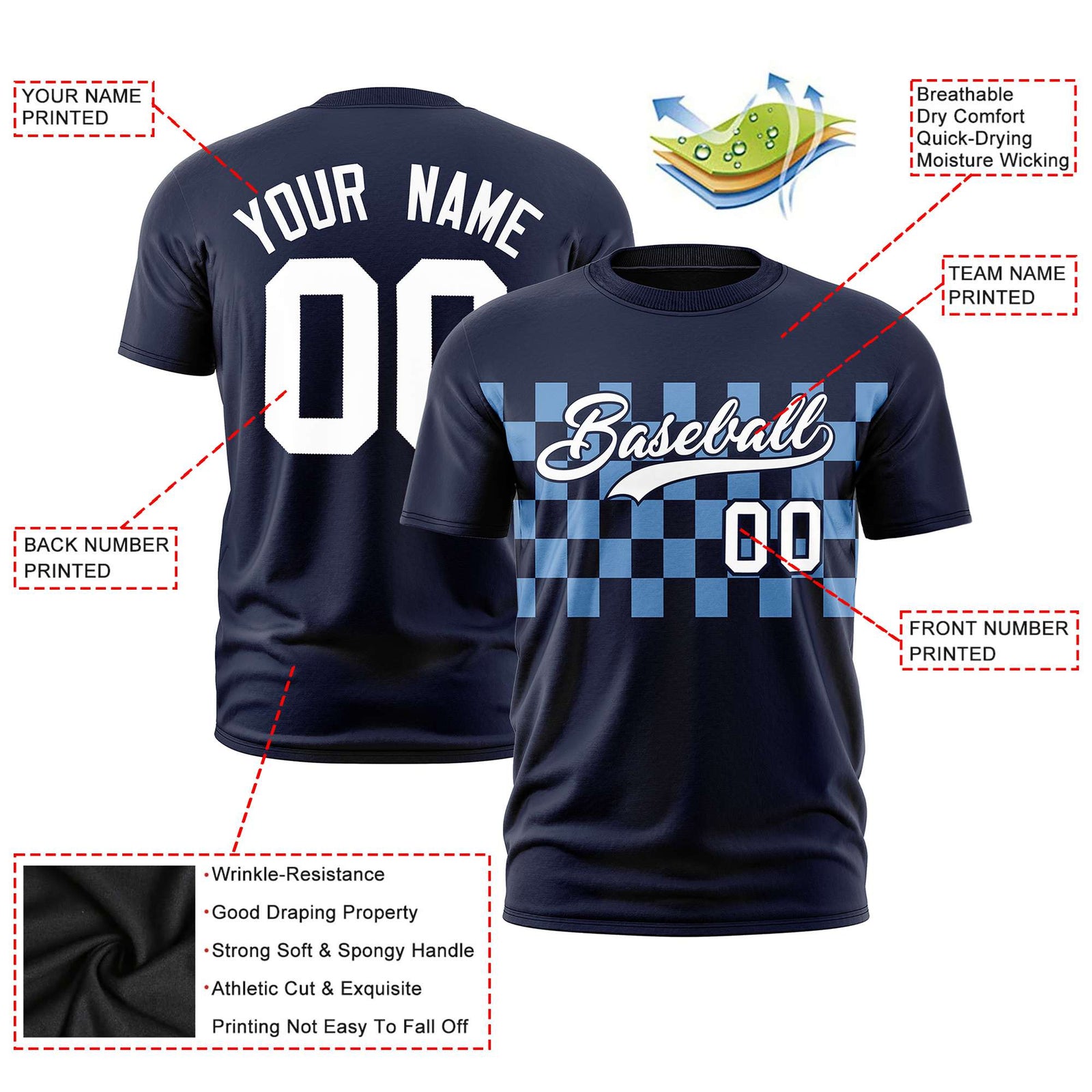 Custom Navy Powder Blue Crew neck Plaid Pattern Personalized Performance T-Shirt