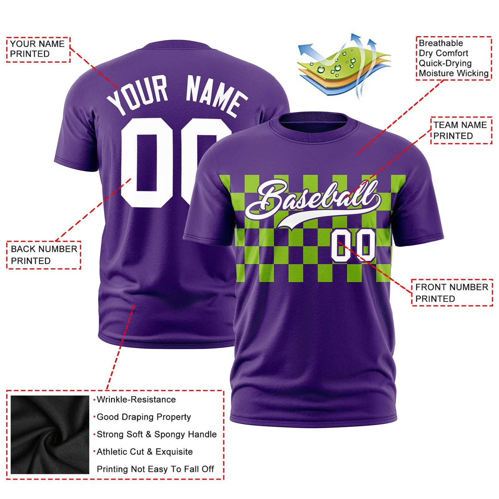 Custom Purple Neon Green Crew neck Plaid Pattern Personalized Performance T-Shirt