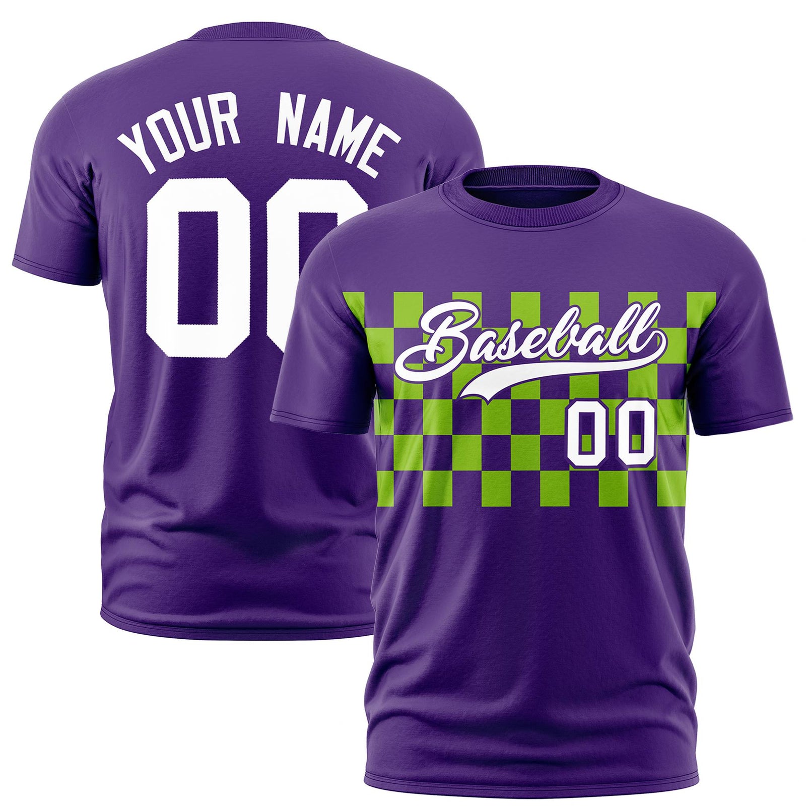 Custom Purple Neon Green Crew neck Plaid Pattern Personalized Performance T-Shirt