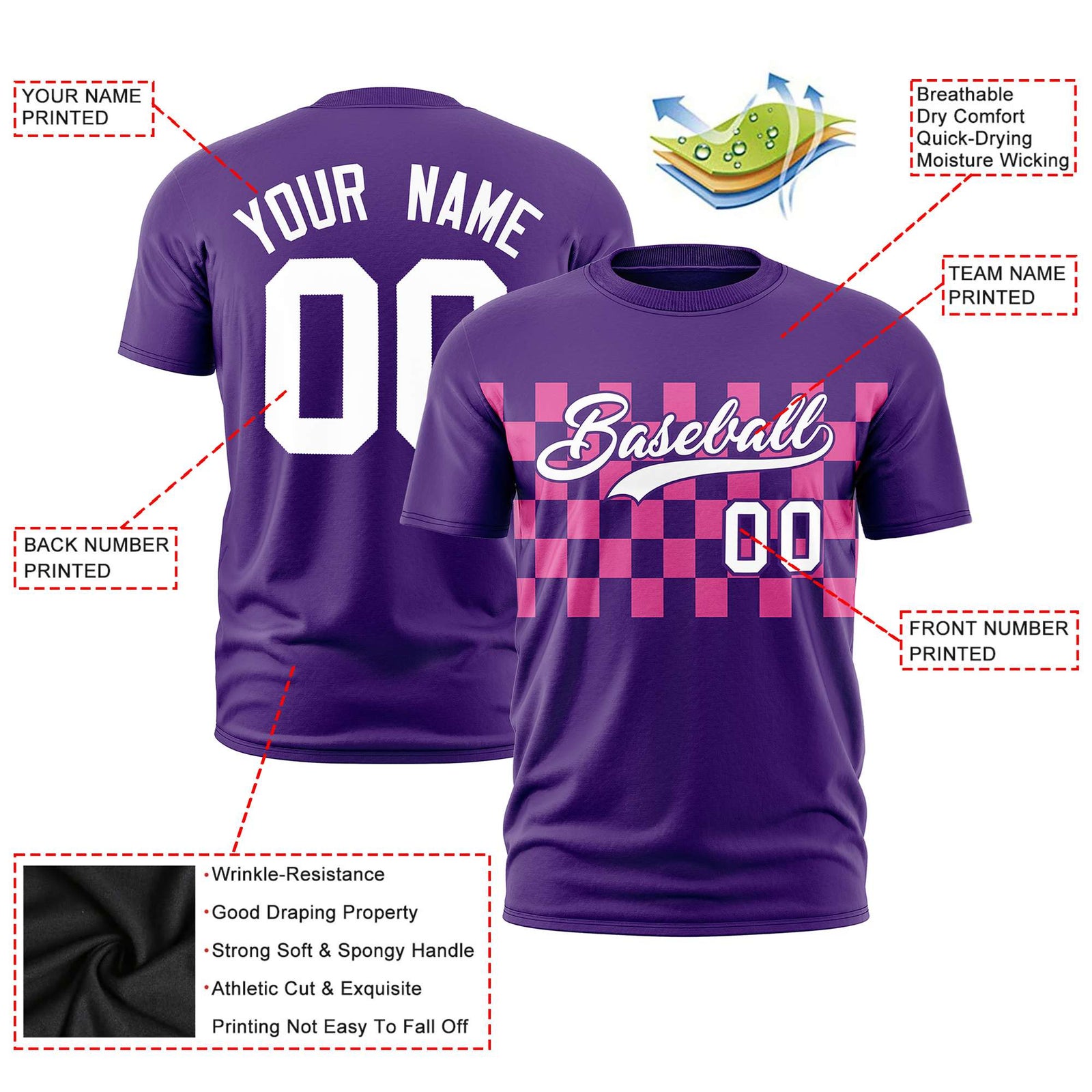 Custom Purple Pink Crew neck Plaid Pattern Personalized Performance T-Shirt