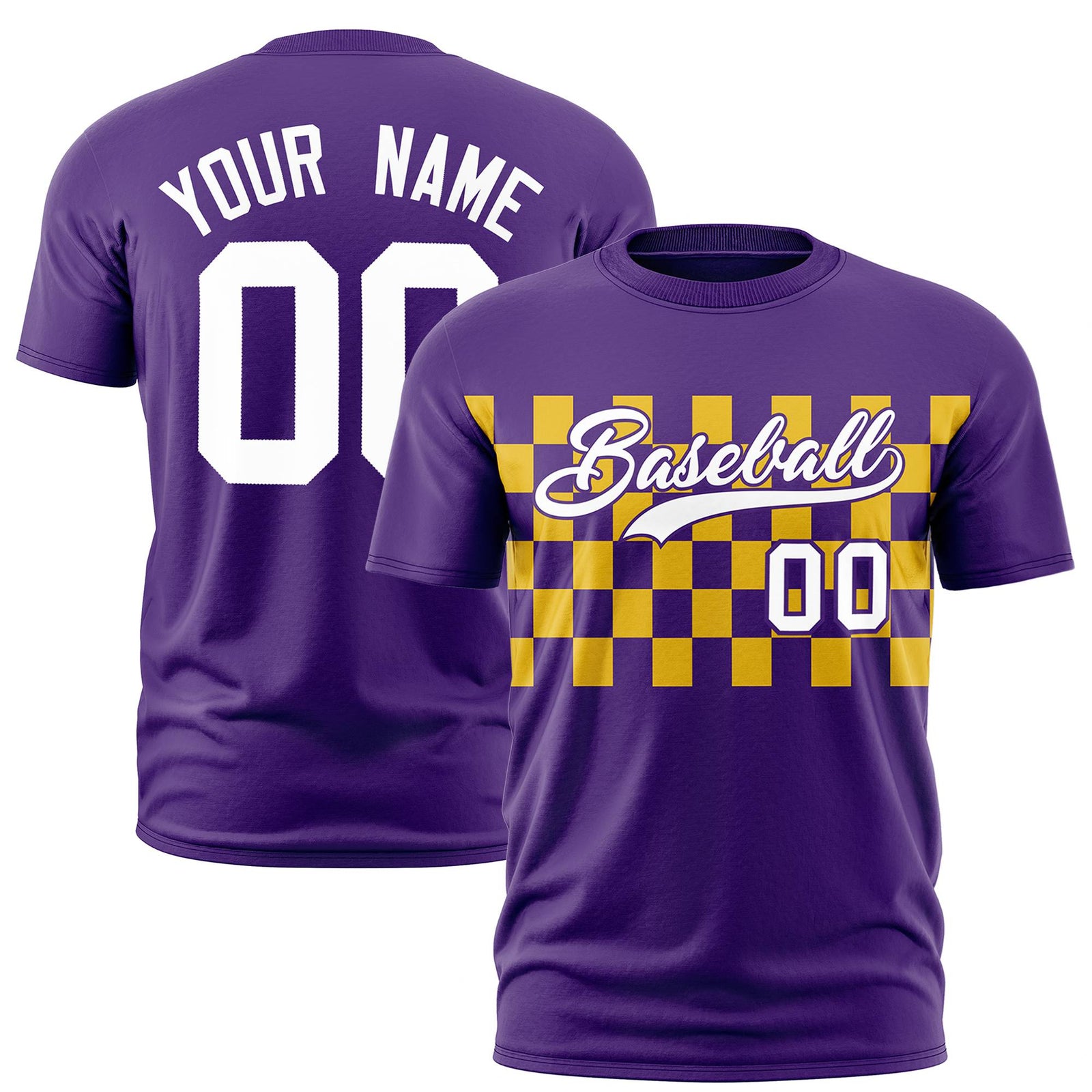 Custom Purple Yellow Crew neck Plaid Pattern Personalized Performance T-Shirt