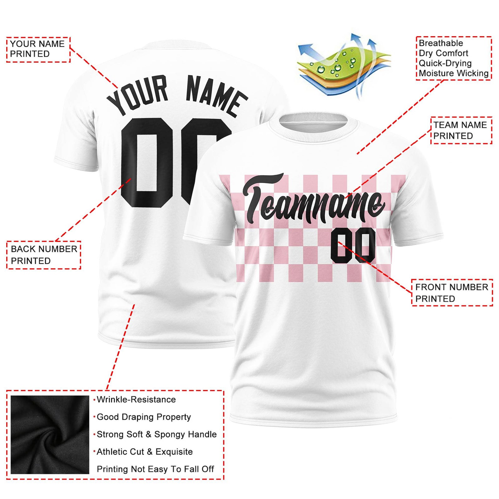 Custom White Light Pink Crew neck Plaid Pattern Personalized Performance T-Shirt