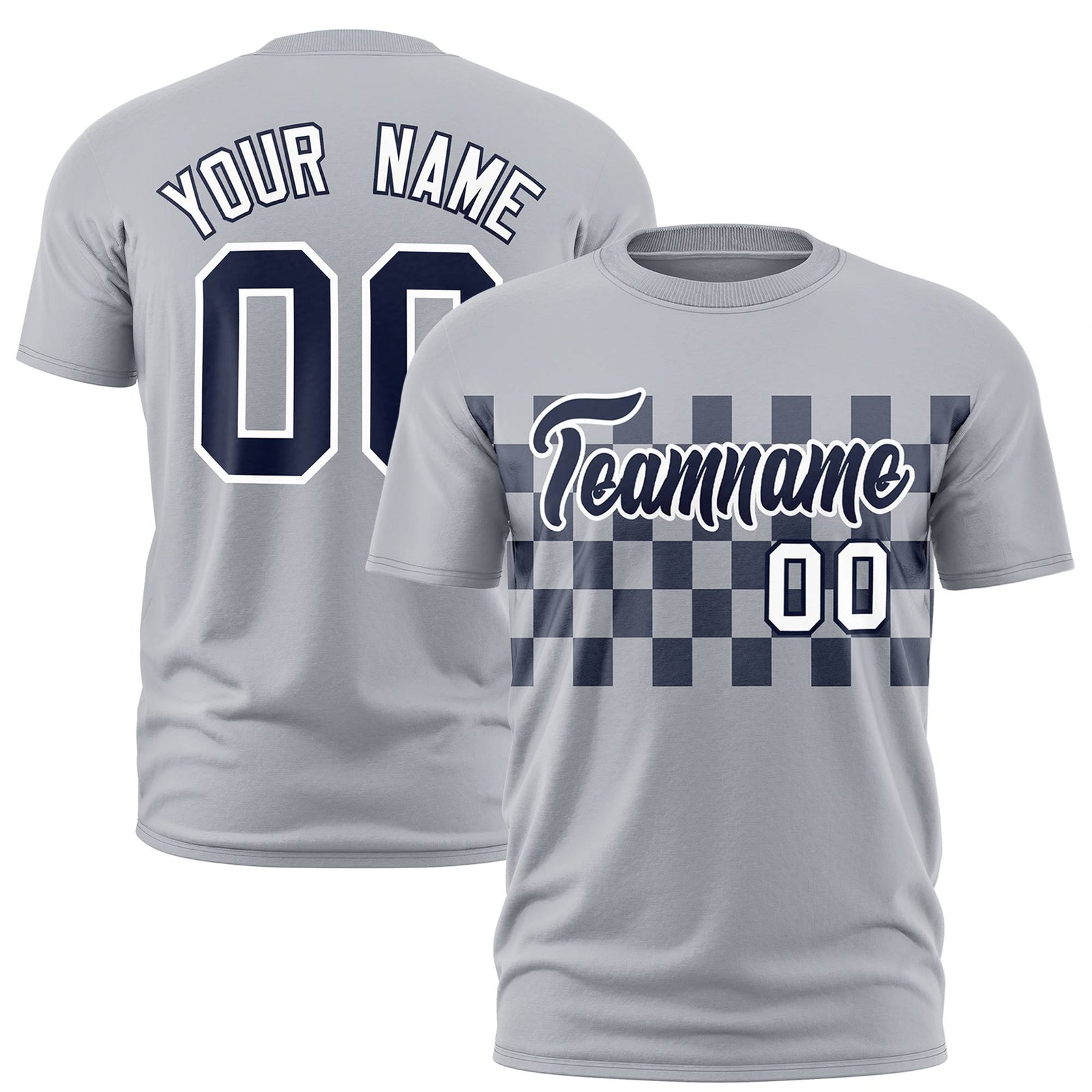 Custom Gray Navy Crew neck Plaid Pattern Personalized Performance T-Shirt