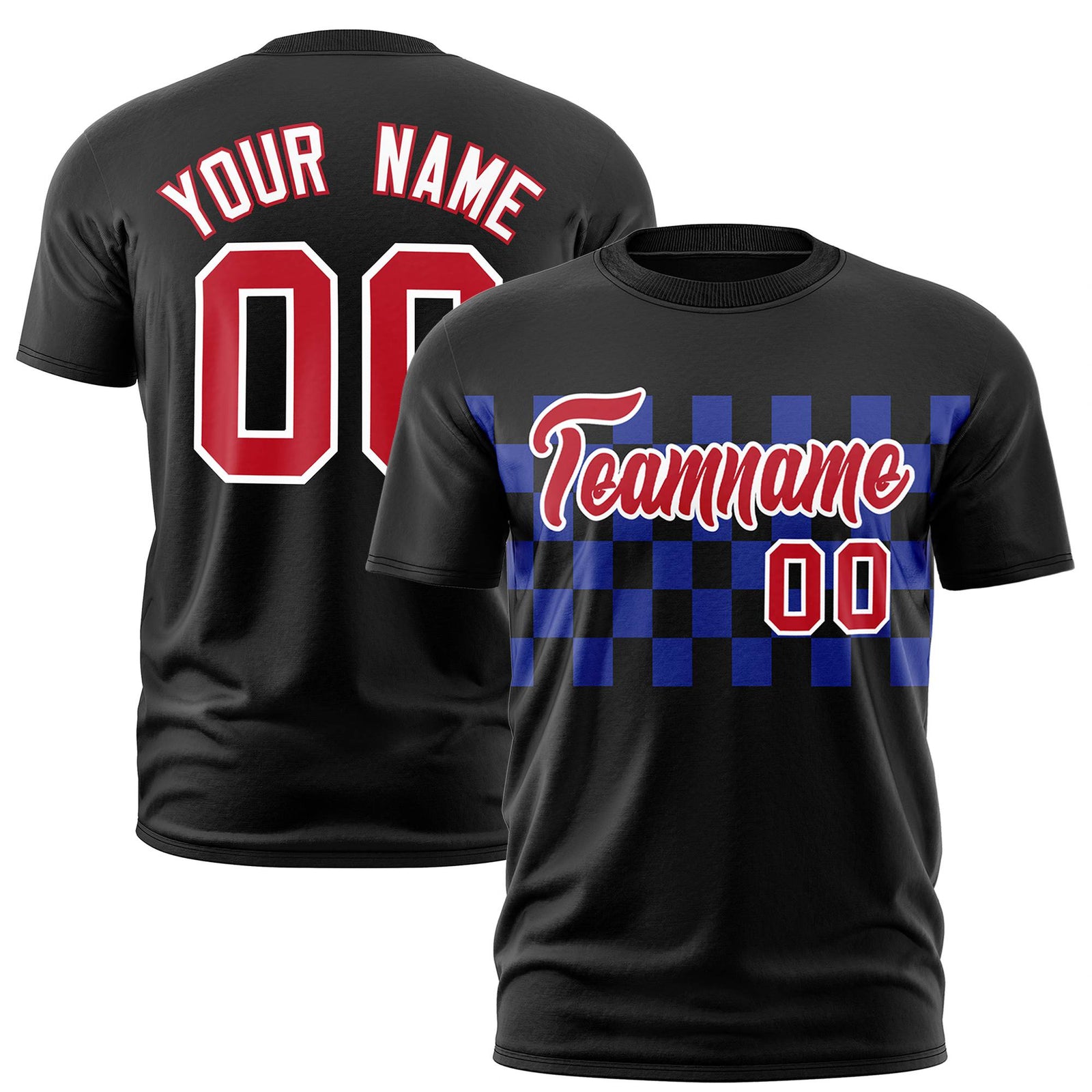 Custom Black Royal Blue Crew neck Plaid Pattern Personalized Performance T-Shirt