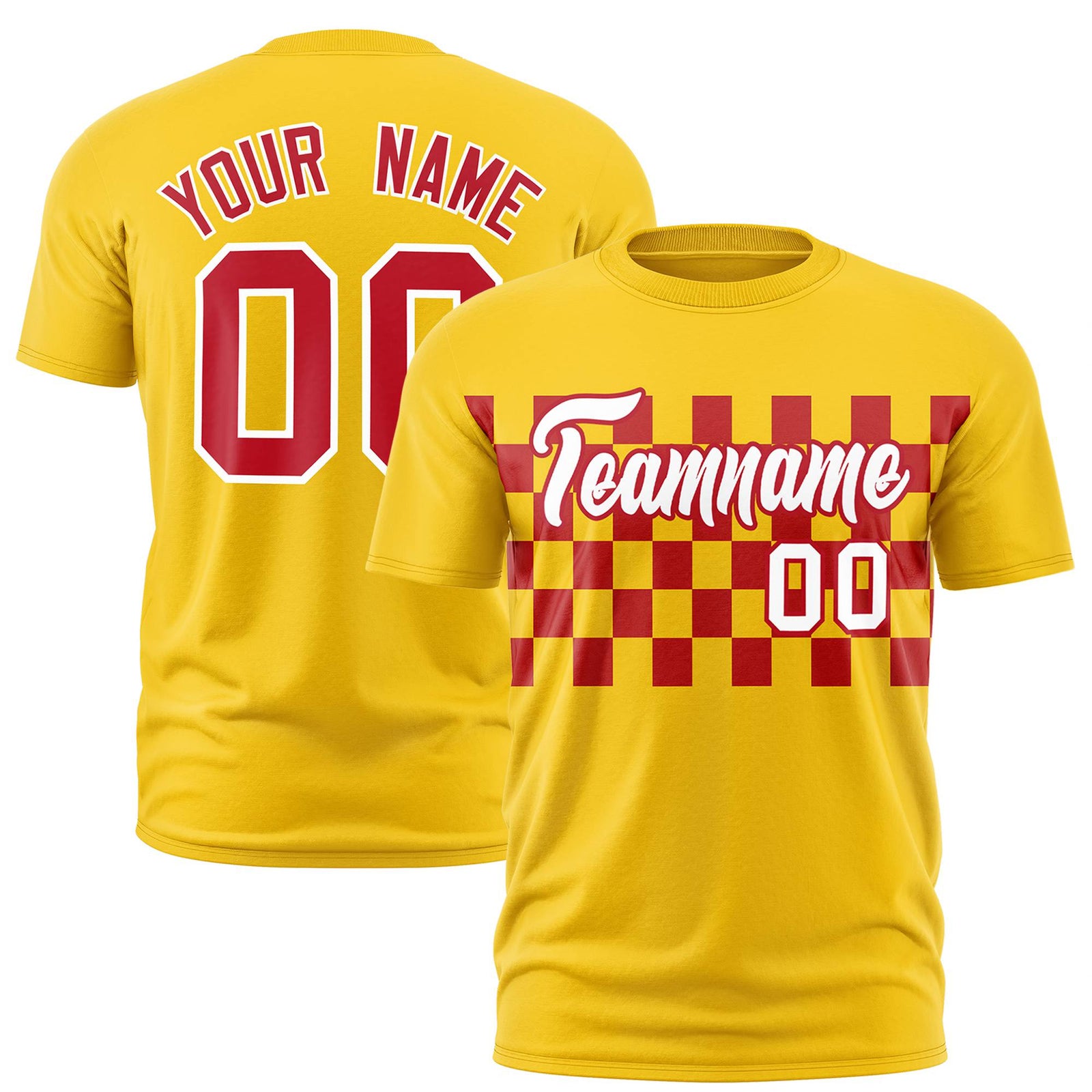 Custom Gold-01 Red Crew neck Plaid Pattern Personalized Performance T-Shirt