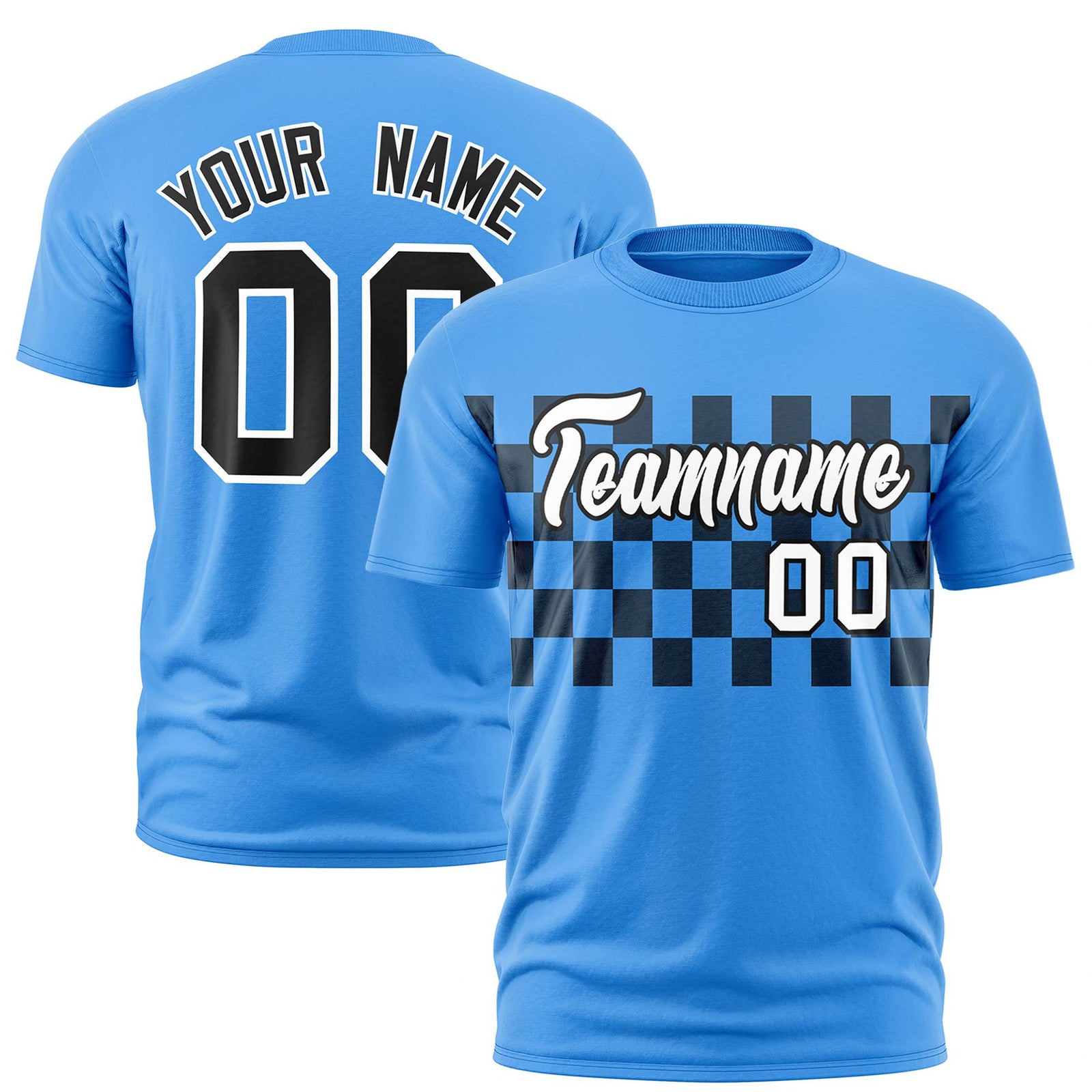 Custom Powder Blue Black Crew neck Plaid Pattern Personalized Performance T-Shirt