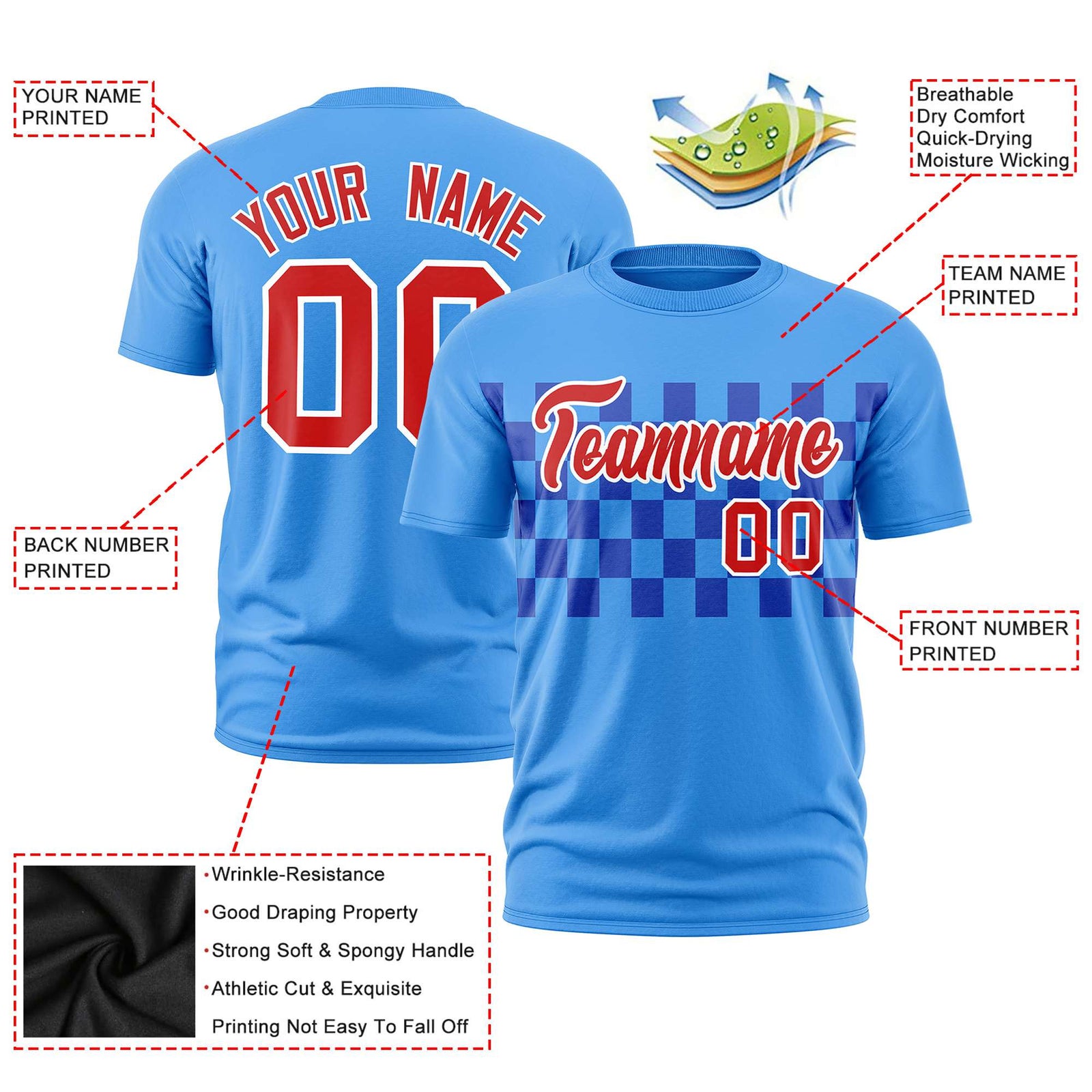 Custom Powder Blue Red Crew neck Plaid Pattern Personalized Performance T-Shirt