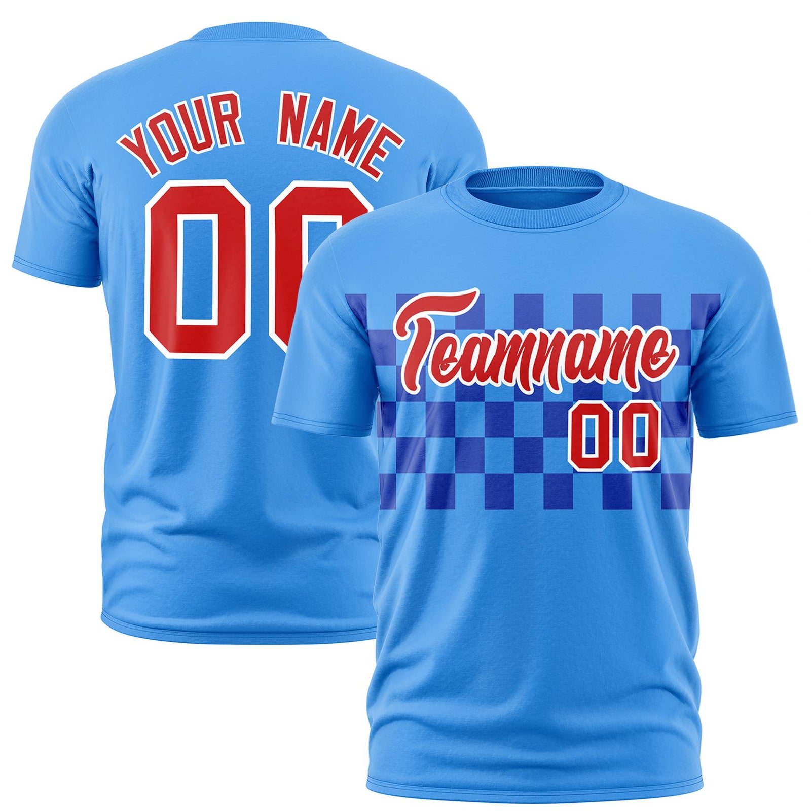 Custom Powder Blue Red Crew neck Plaid Pattern Personalized Performance T-Shirt