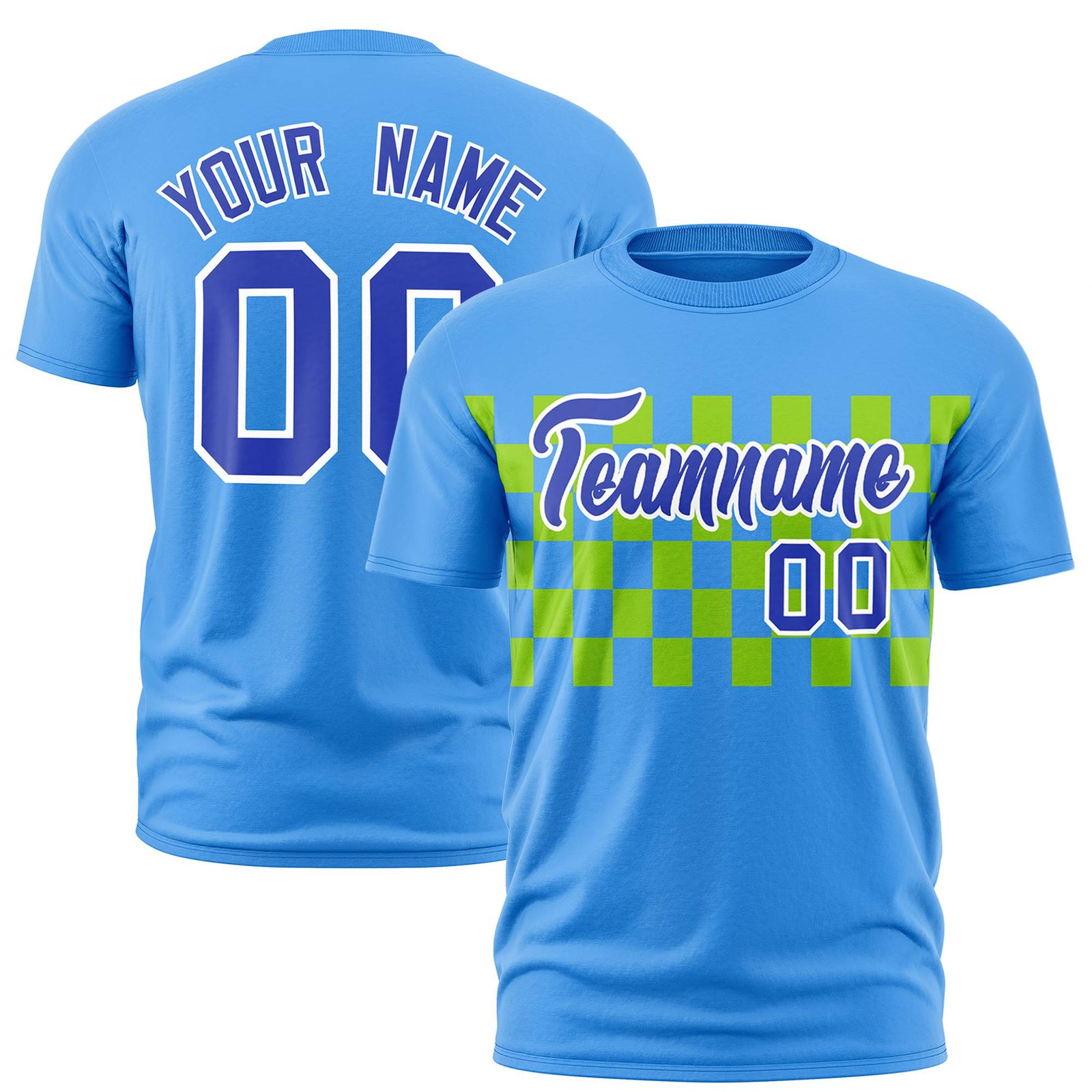 Custom Powder Blue Neon Green Crew neck Plaid Pattern Personalized Performance T-Shirt