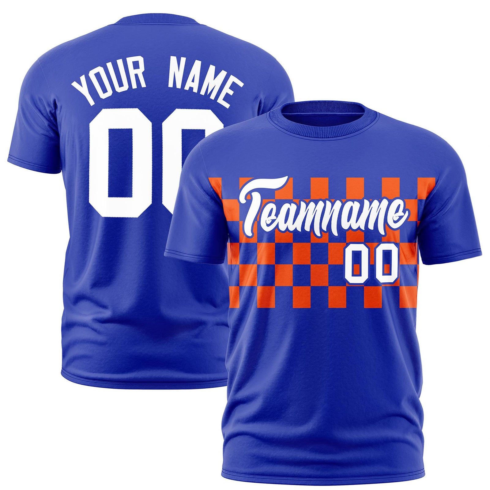 Custom Royal Blue Orange Crew neck Plaid Pattern Personalized Performance T-Shirt
