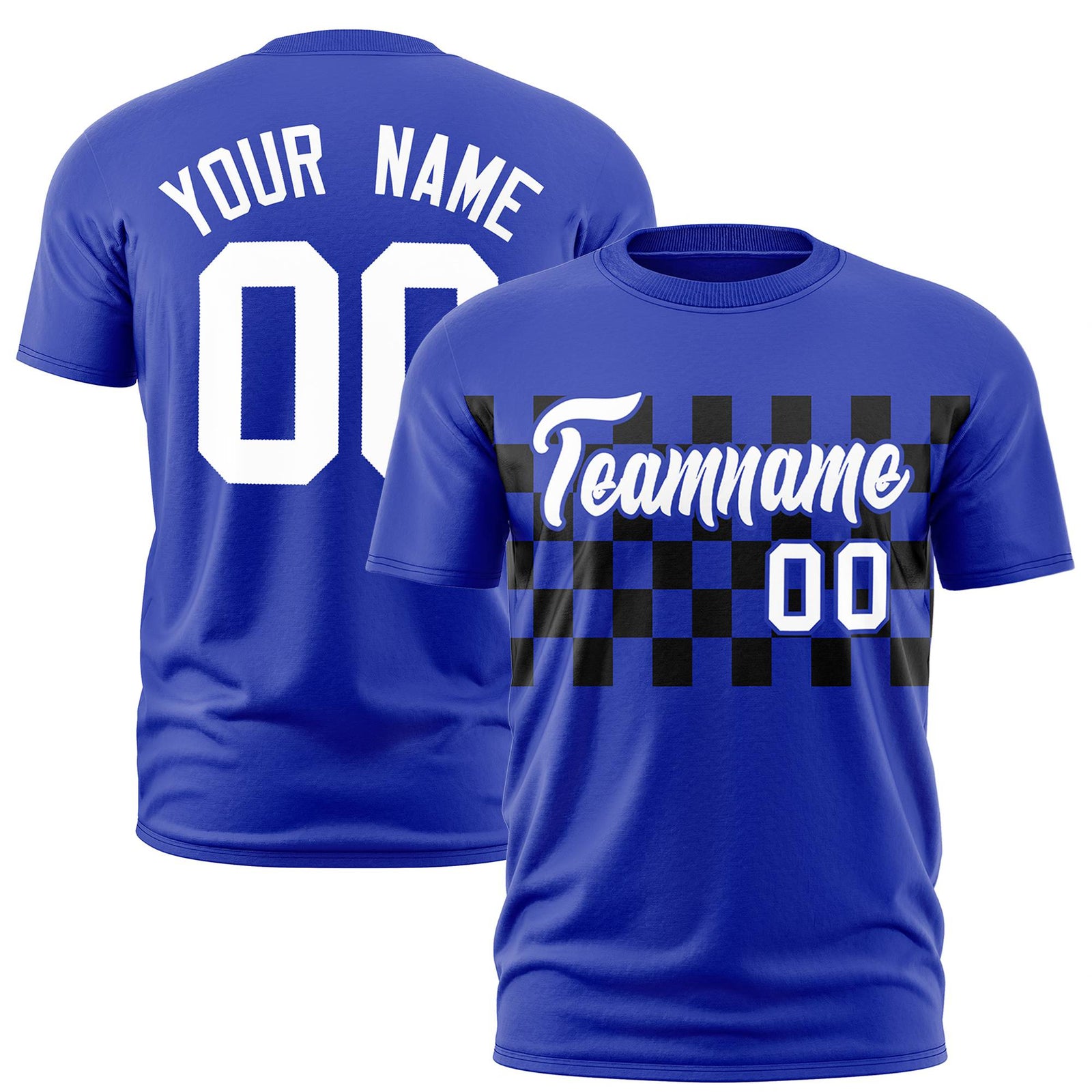 Custom Royal Blue Black Crew neck Plaid Pattern Personalized Performance T-Shirt