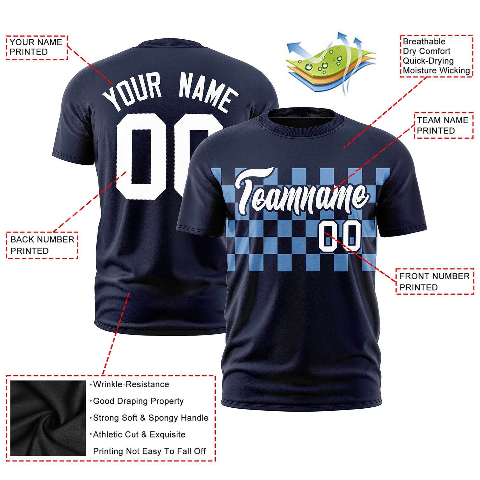 Custom Navy Powder Blue Crew neck Plaid Pattern Personalized Performance T-Shirt
