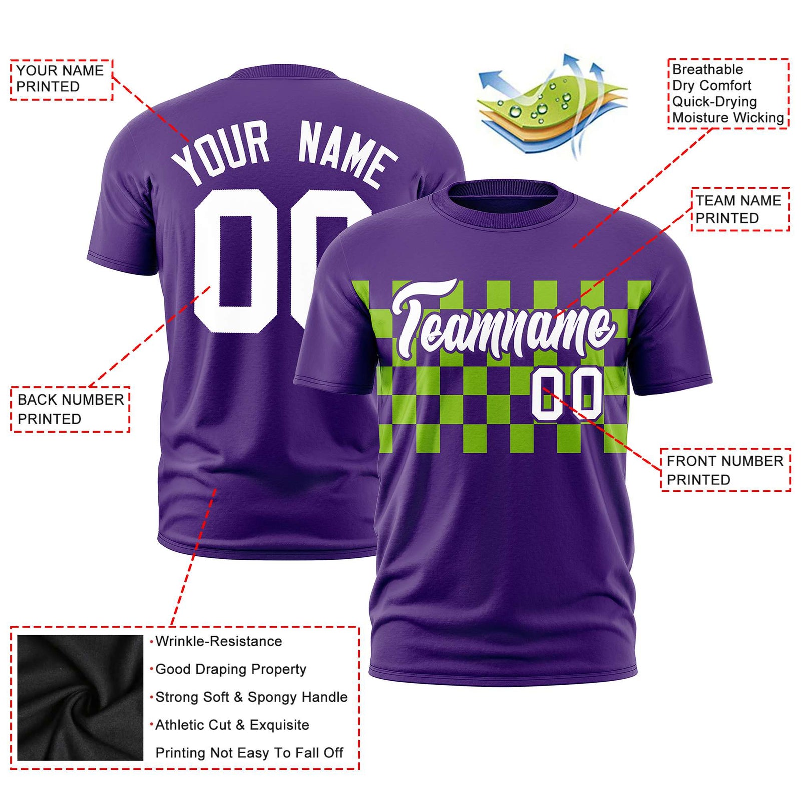 Custom Purple Neon Green Crew neck Plaid Pattern Personalized Performance T-Shirt
