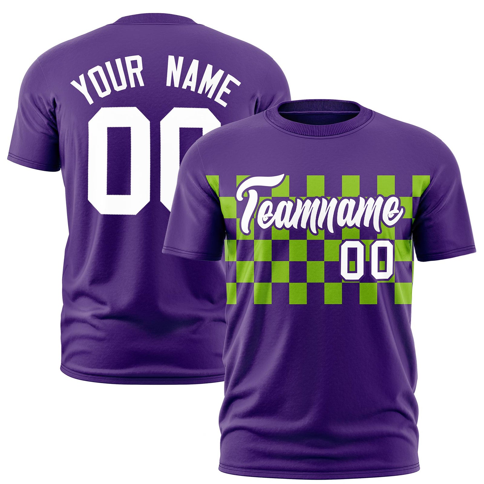Custom Purple Neon Green Crew neck Plaid Pattern Personalized Performance T-Shirt