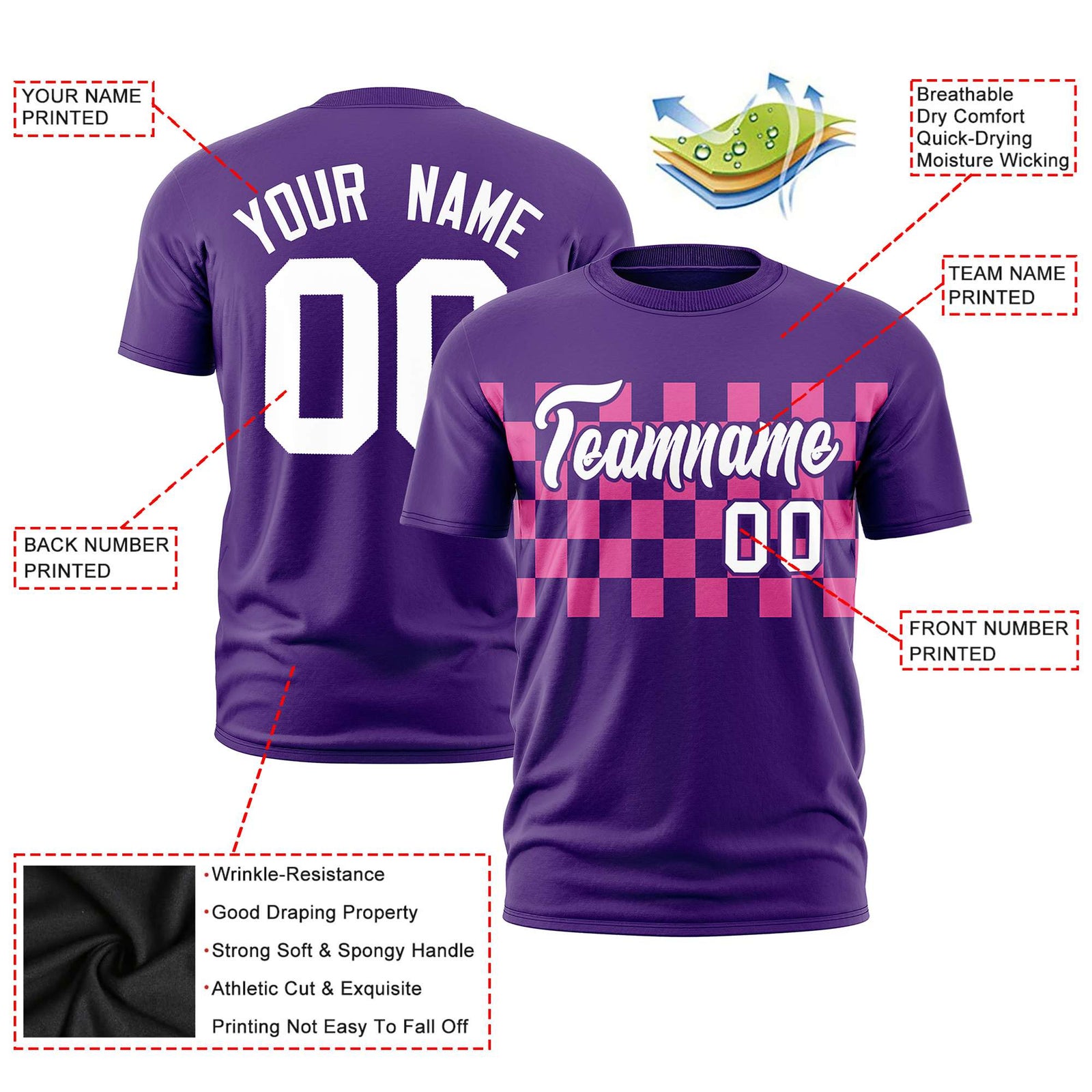 Custom Purple Pink Crew neck Plaid Pattern Personalized Performance T-Shirt