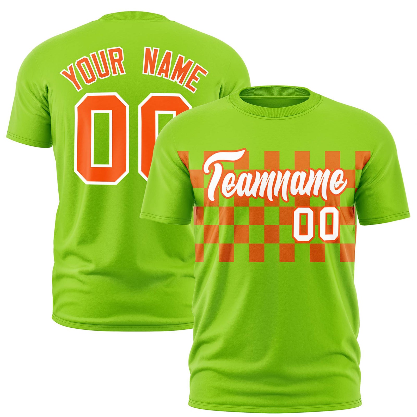 Custom Neon Green Orange Crew neck Plaid Pattern Personalized Performance T-Shirt