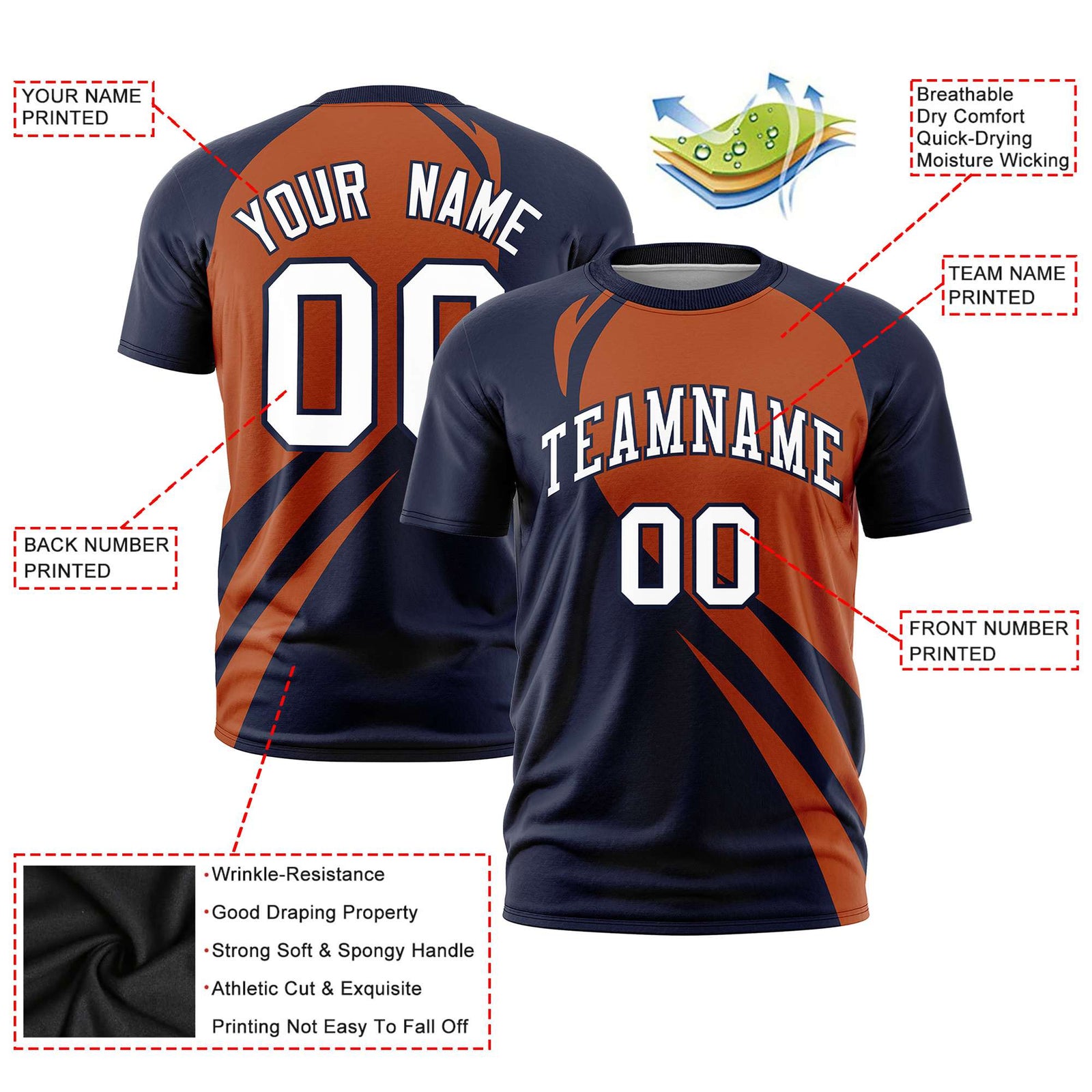 Custom Texas Orange-Navy Personalized Slanting Lump Pattern Performance T-Shirt
