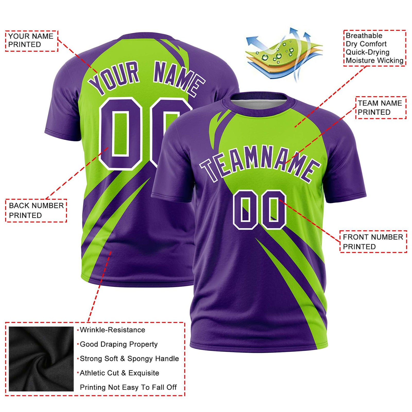 Custom Neon Green-Purple Personalized Slanting Lump Pattern Performance T-Shirt