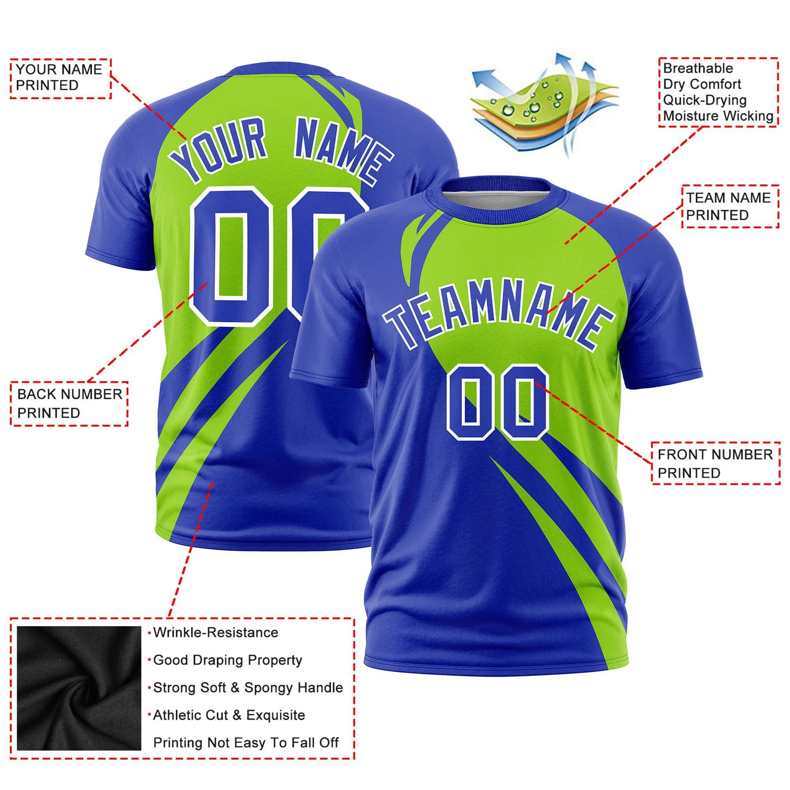 Custom Neon Green-Royal Blue Personalized Slanting Lump Pattern Performance T-Shirt