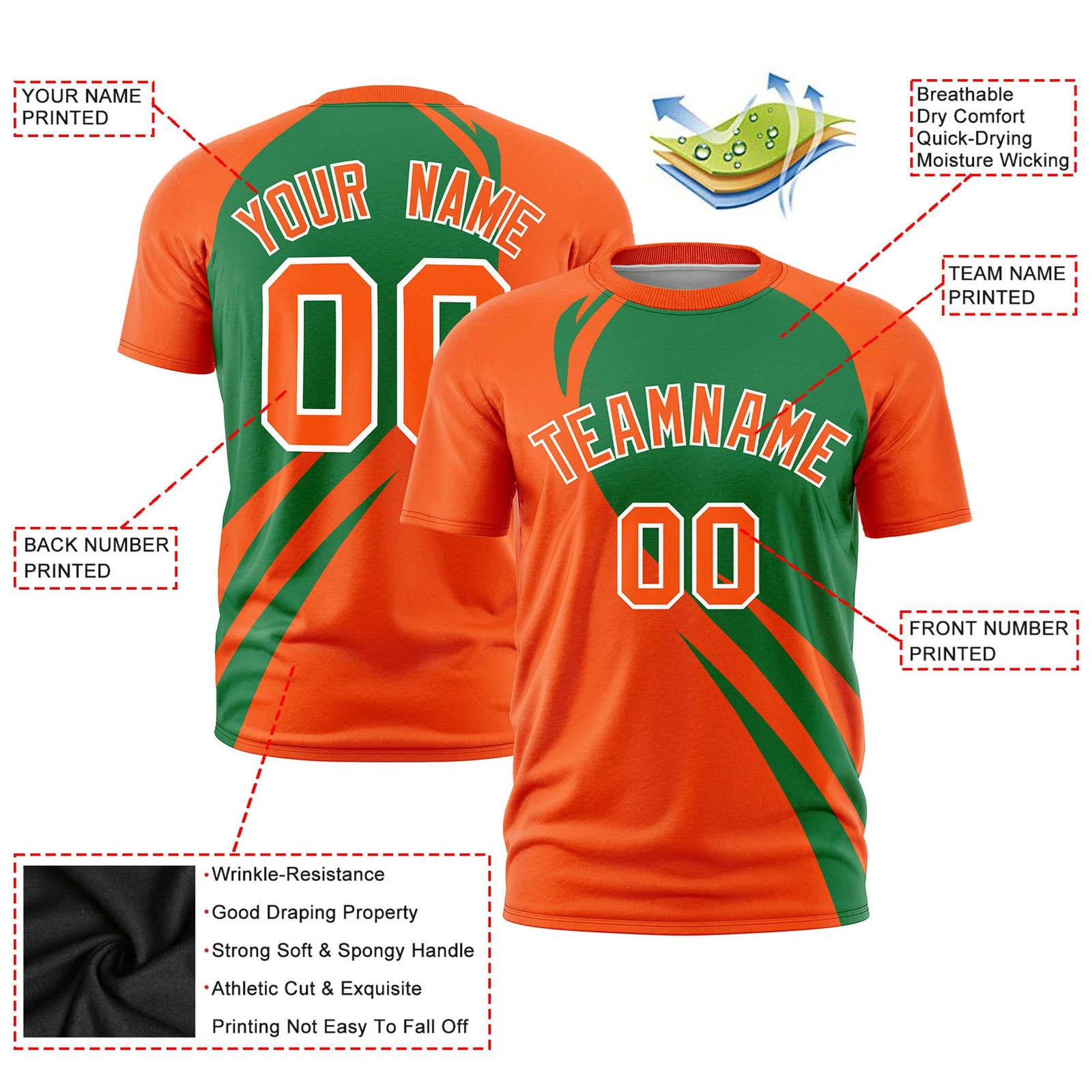 Custom Kelly Green-Orange Personalized Slanting Lump Pattern Performance T-Shirt