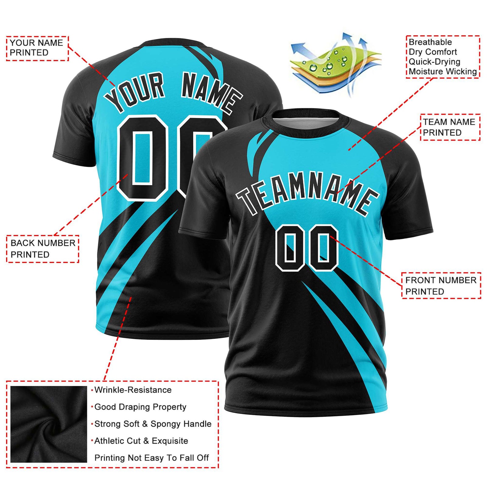 Custom Sky Blue-Black Personalized Slanting Lump Pattern Performance T-Shirt